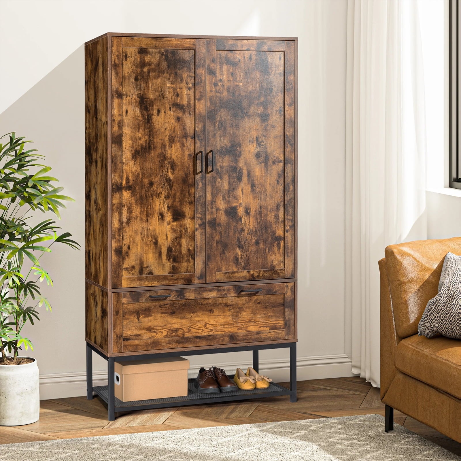Ktaxon Wardrobe Armoire Closet with Hanging Rod, Modern Drawer & Shelf – Elegant White Finish Closet, Farmhouse to Mid-Century Style
