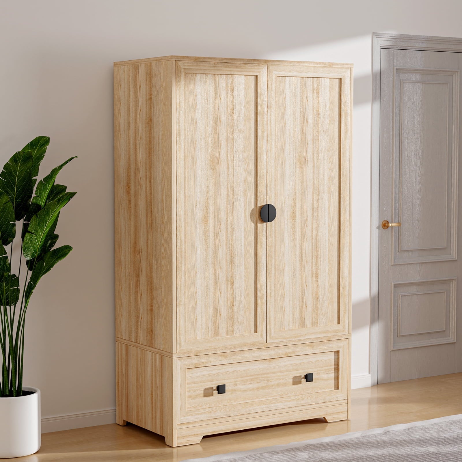 Ktaxon Wardrobe Armoire Closet with Hanging Rod, Modern Drawer & Shelf – Elegant White Finish Closet, Farmhouse to Mid-Century Style
