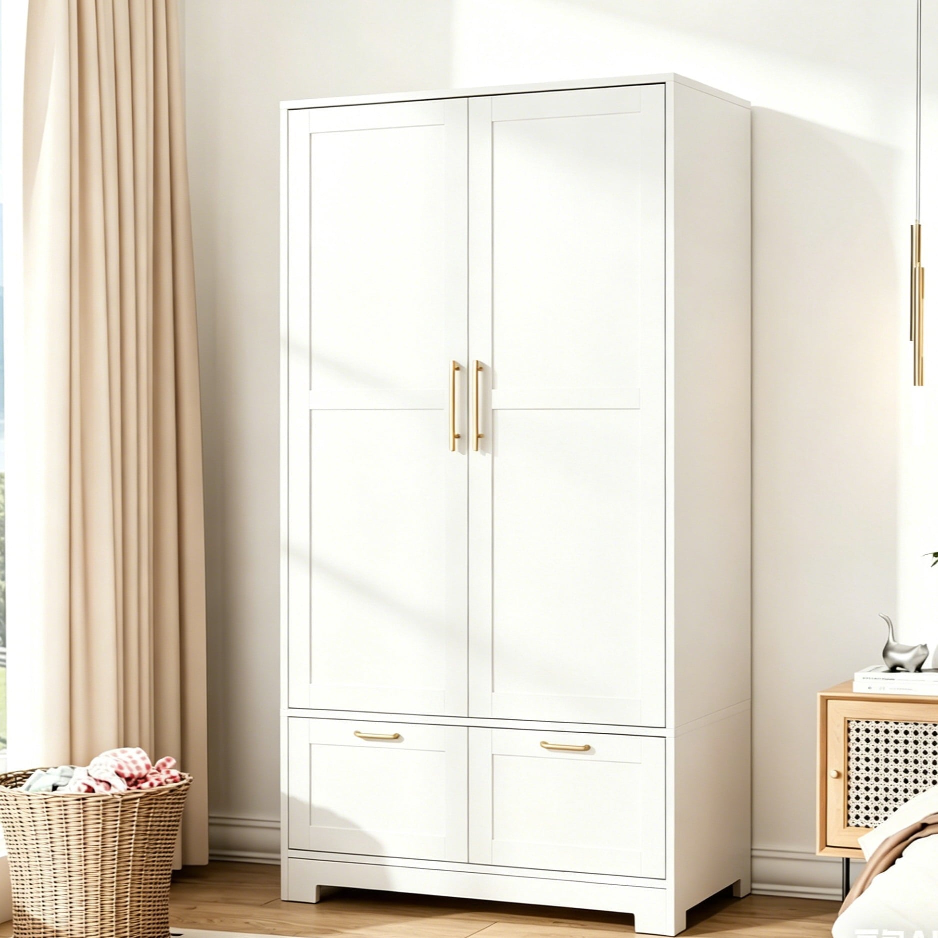 Ktaxon Wardrobe Armoire Closet with Hanging Rod, Modern Drawer & Shelf – Elegant White Finish Closet, Farmhouse to Mid-Century Style