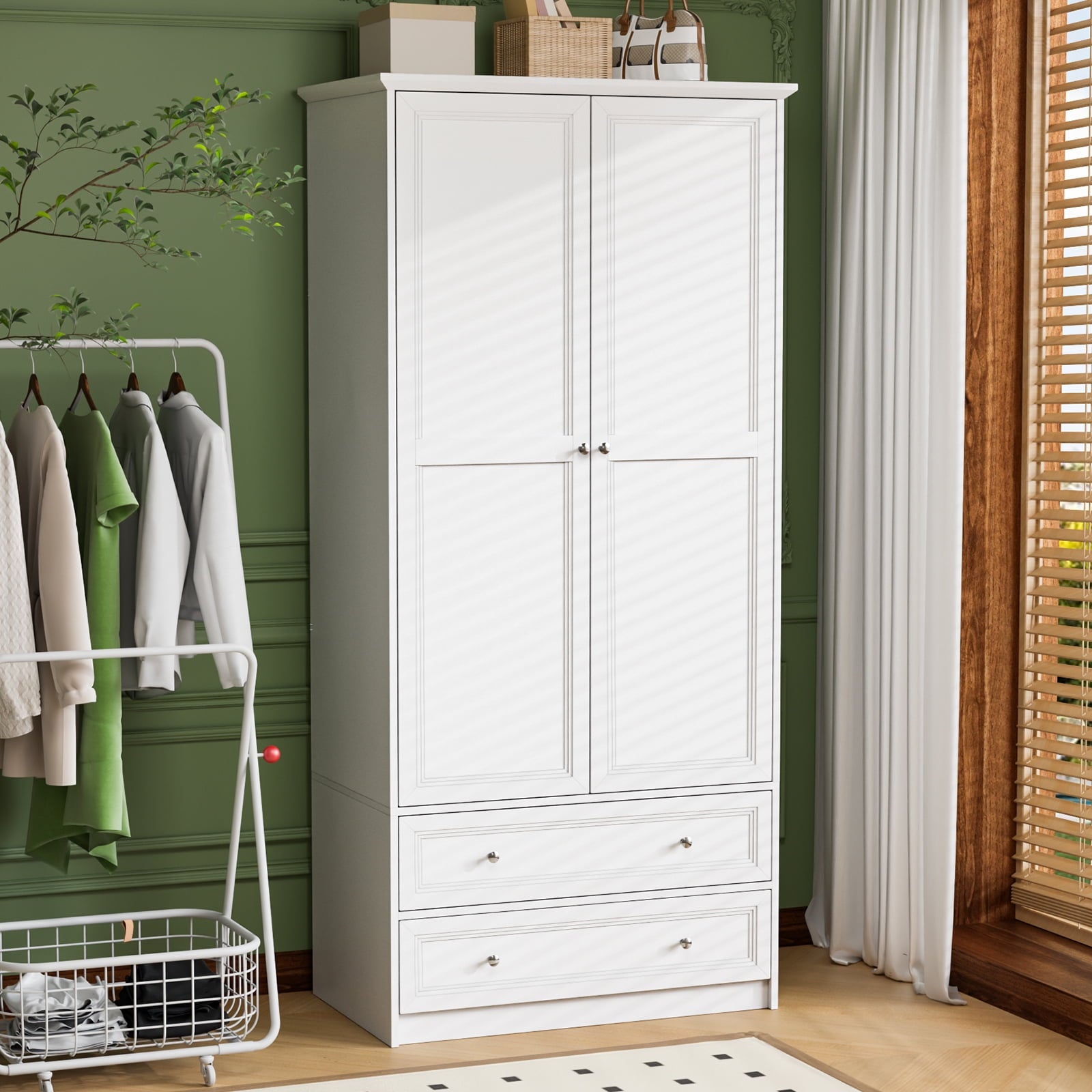 Ktaxon Wardrobe Armoire Closet with Hanging Rod, Modern Drawer & Shelf – Elegant White Finish Closet, Farmhouse to Mid-Century Style