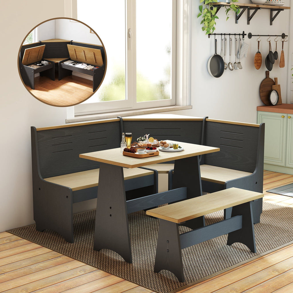 Breakfast Nook Kitchen Corner Dining Table Bench Chair Set, Space-Saving 3-4 Seat L-Shape Farmhouse Mid Century Modern Style for Family Home Black Wood