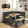 Breakfast Nook Kitchen Corner Dining Table Bench Chair Set, Space-Saving 3-4 Seat L-Shape Farmhouse Mid Century Modern Style for Family Home Black Wood