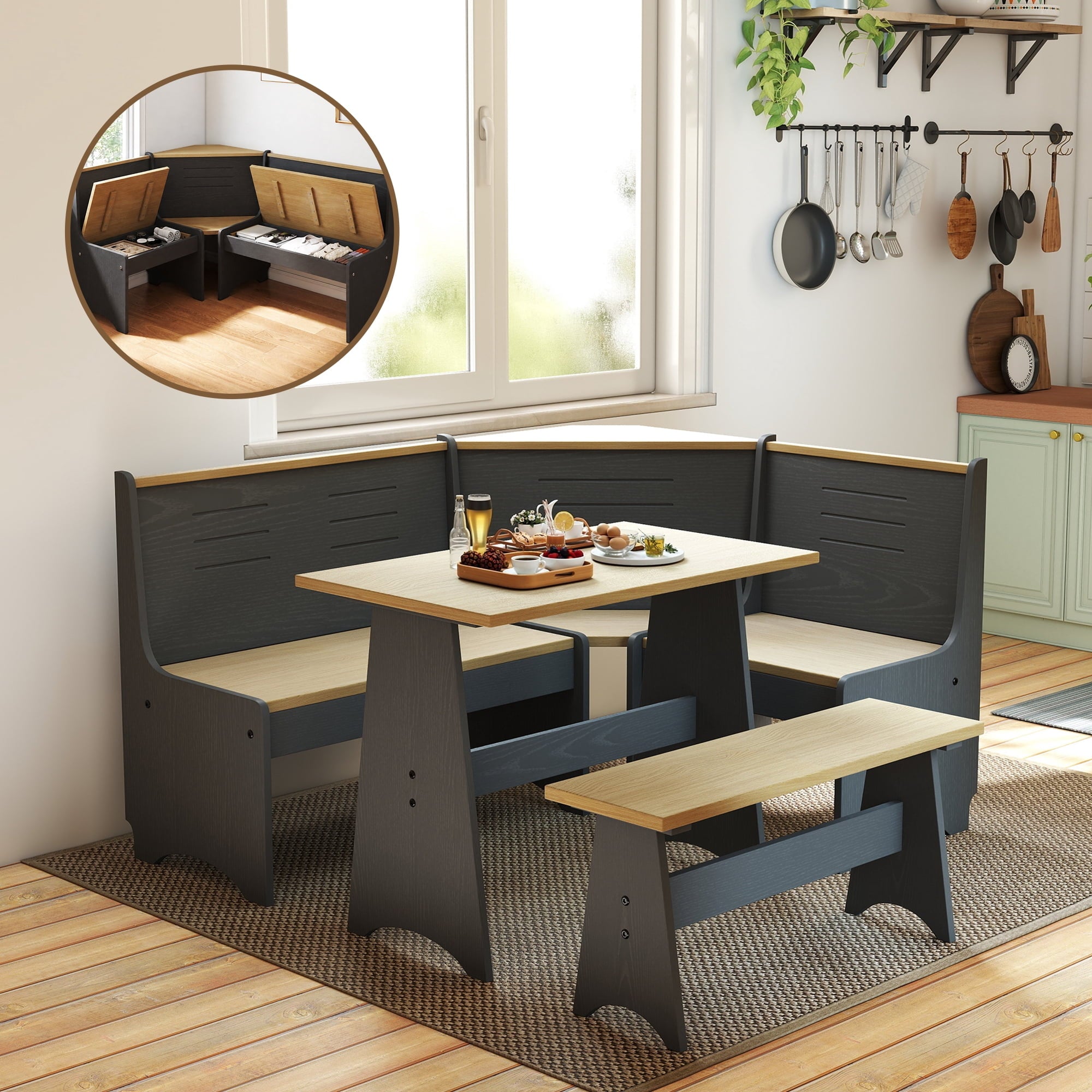 Breakfast Nook Kitchen Corner Dining Table Bench Chair Set, Space-Saving 3-4 Seat L-Shape Farmhouse Mid Century Modern Style for Family Home Black Wood