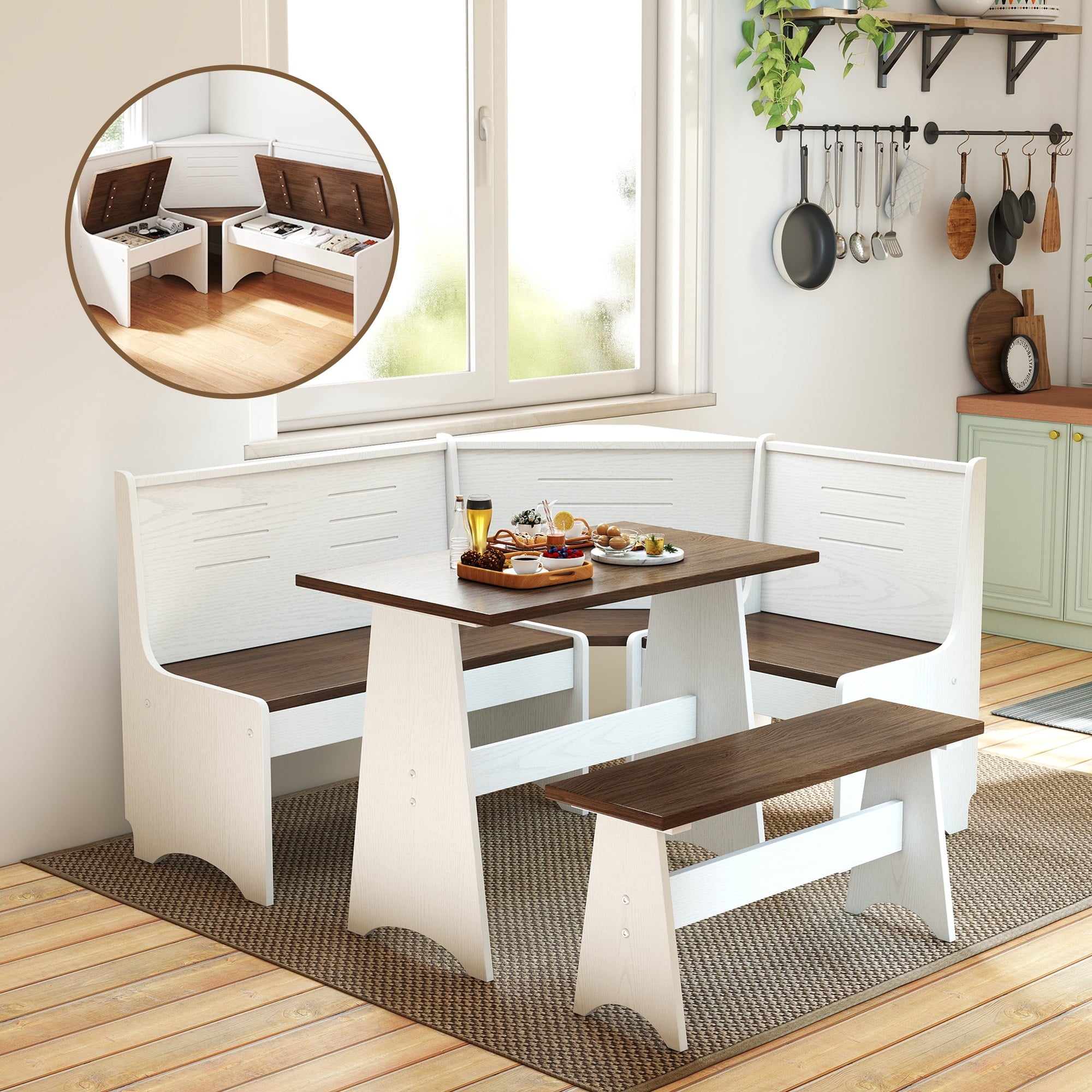 Breakfast Nook Kitchen Corner Dining Table Bench Chair Set, Space-Saving 3-4 Seat L-Shape Farmhouse Mid Century Modern Style for Family Home Black Wood