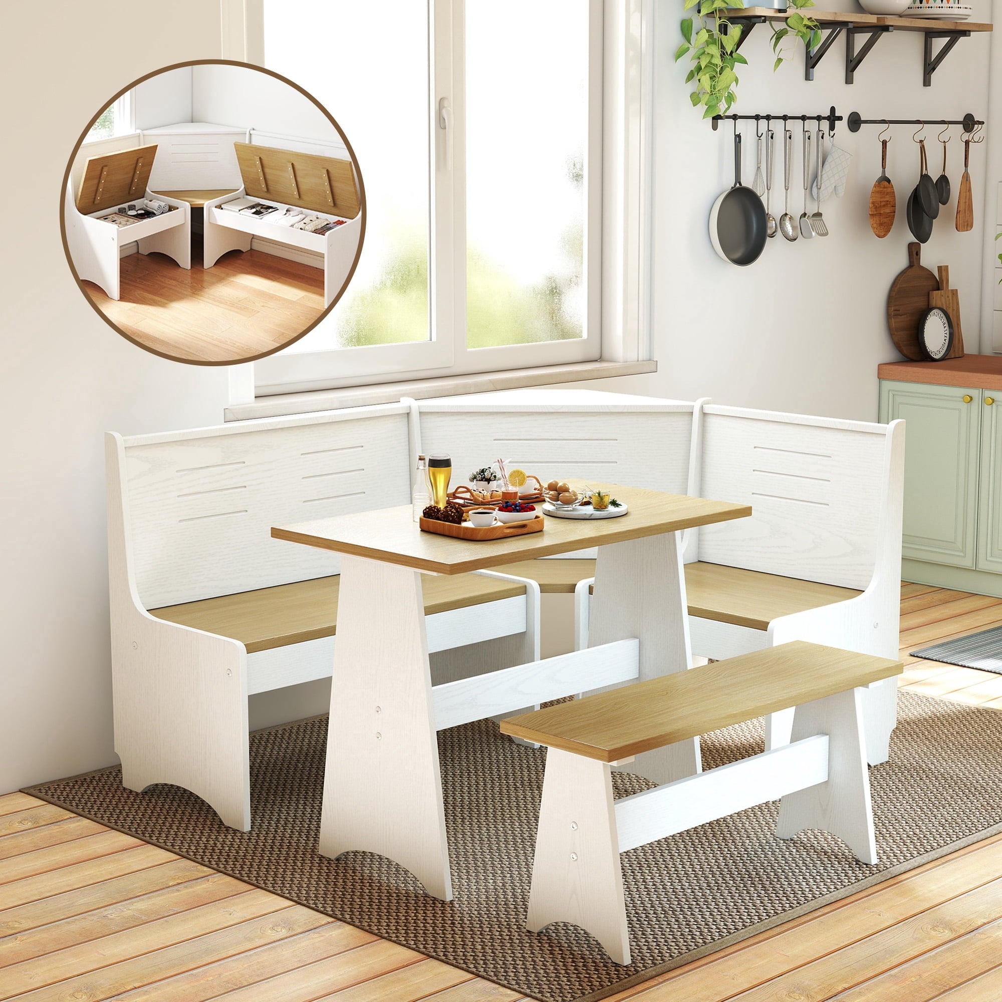 Breakfast Nook Kitchen Corner Dining Table Bench Chair Set, Space-Saving 3-4 Seat L-Shape Farmhouse Mid Century Modern Style for Family Home Black Wood