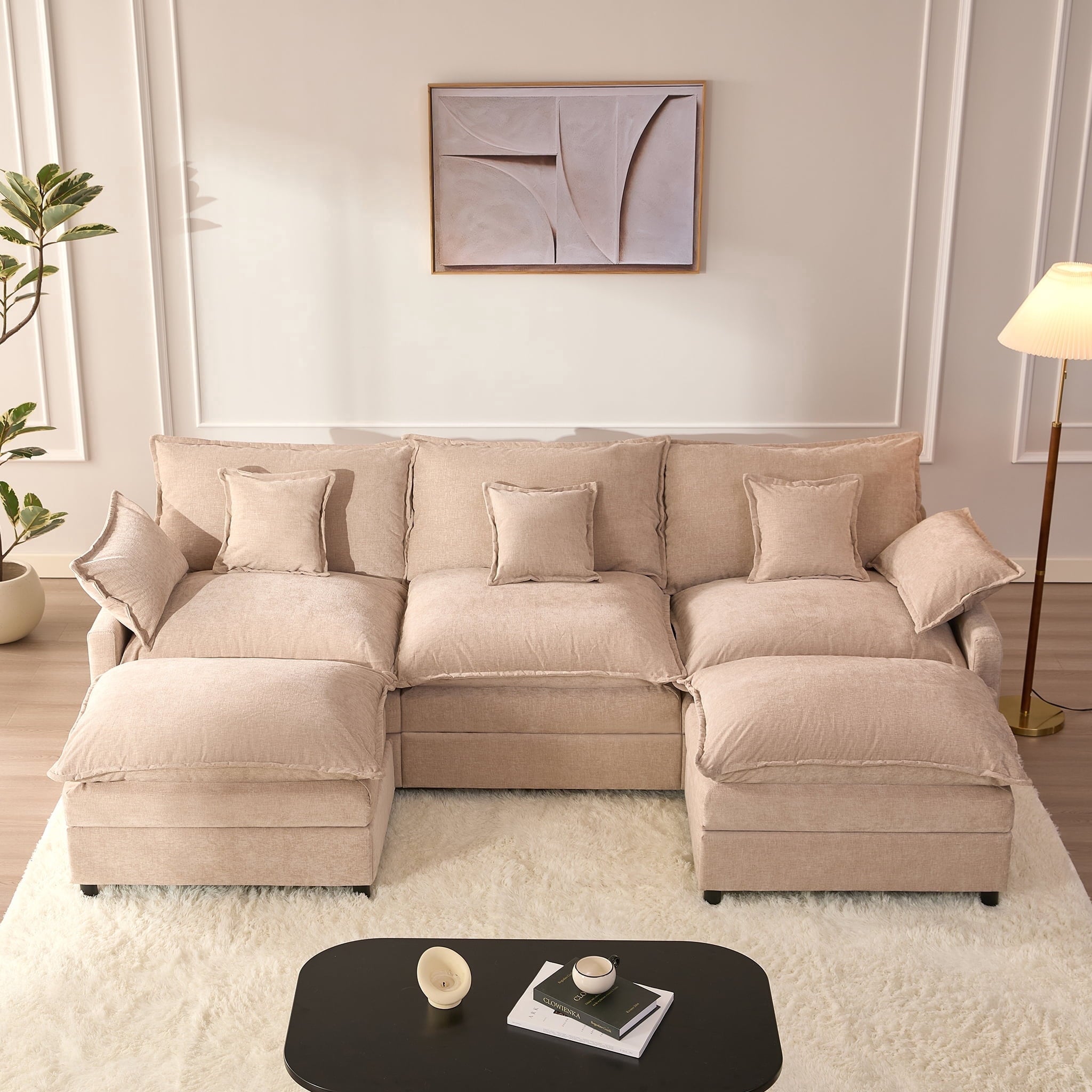 LAKPS 3-Seat Sectional Sofa Couch, Cloud-Style Deep Seating Sleeper Sofa with Included Throw Pillows, Linen Upholstery, Modern Living Room Sofa, Cream White