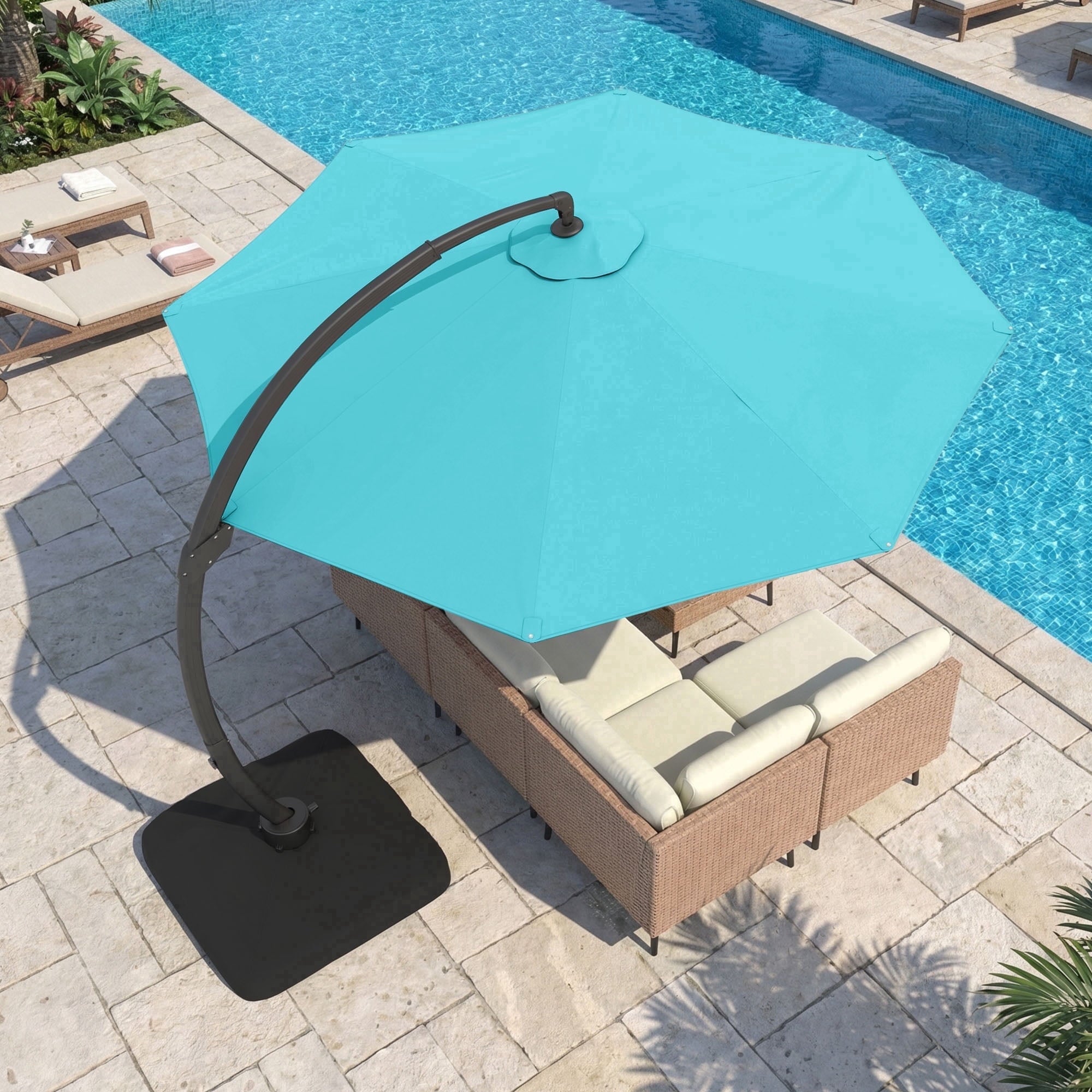 LAZZO 11ft Outdoor Patio Umbrella with Base, Aluminum Offset Cantilever Umbrella for Pool Deck, Champagne