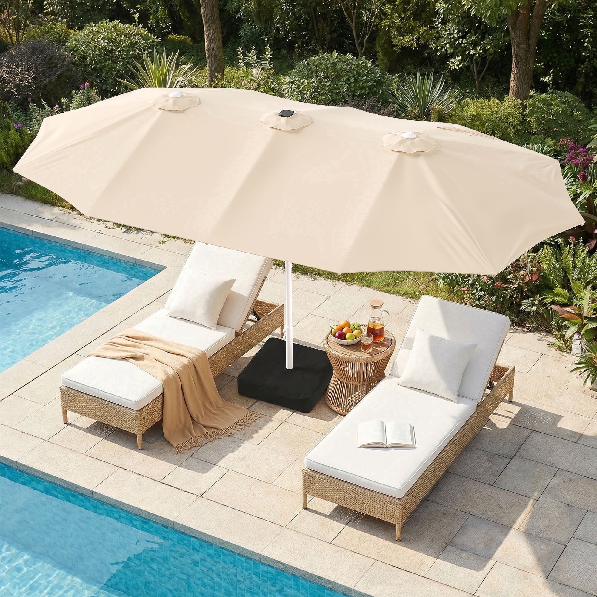 LAZZO 15ft Large Patio Umbrella with Base and Lights, Double-Sided Rectangular Outdoor Deck Umbrella, Tiki Style
