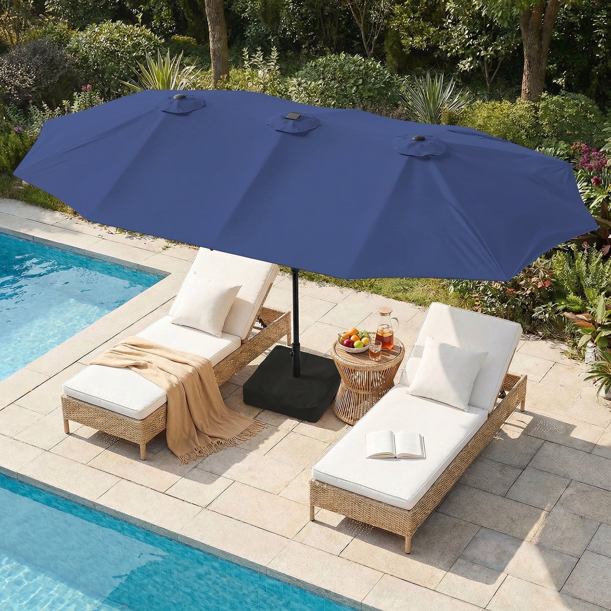 LAZZO 15ft Large Patio Umbrella with Base and Lights, Double-Sided Rectangular Outdoor Deck Umbrella, Tiki Style