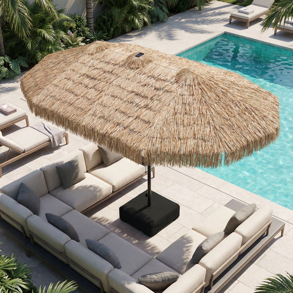 LAZZO 15ft Large Patio Umbrella with Base and Lights, Double-Sided Rectangular Outdoor Deck Umbrella, Tiki Style