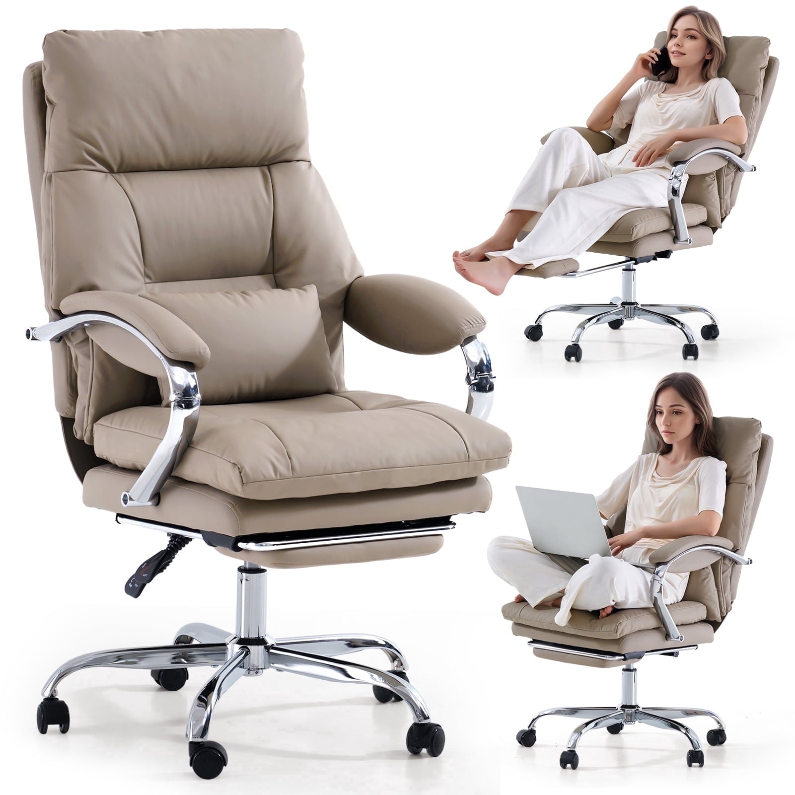 LEAGOO Reclining Office Chair with Foot Rest, Executive Office Chairs with Arms, Ergonomic High Back PU Leather Comfy Swivel Computer Desk Chairs with Wheels and Lumbar Support for Home Office, White