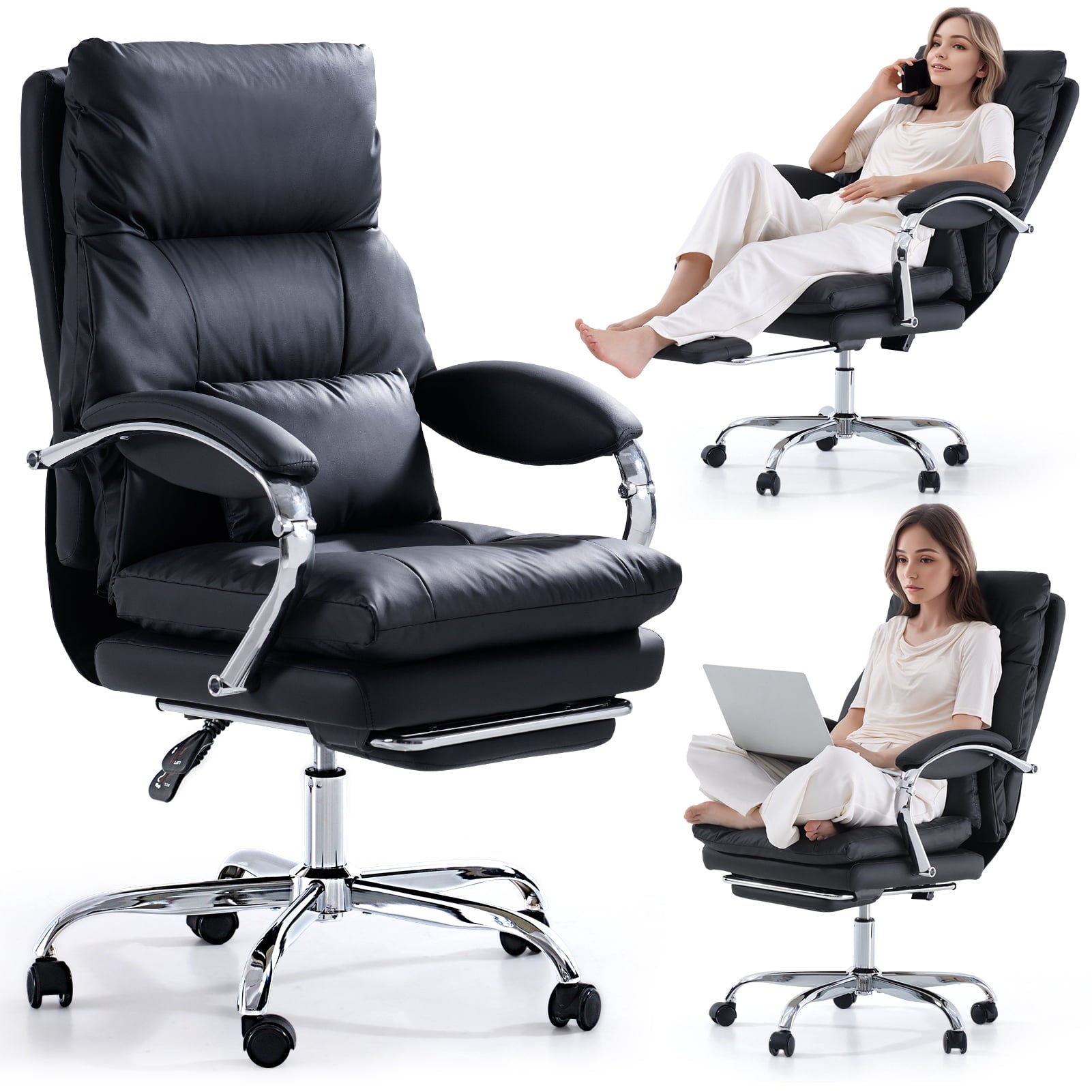 LEAGOO Reclining Office Chair with Foot Rest, Executive Office Chairs with Arms, Ergonomic High Back PU Leather Comfy Swivel Computer Desk Chairs with Wheels and Lumbar Support for Home Office, White