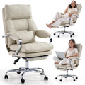 LEAGOO Reclining Office Chair with Foot Rest, Executive Office Chairs with Arms, Ergonomic High Back PU Leather Comfy Swivel Computer Desk Chairs with Wheels and Lumbar Support for Home Office, White