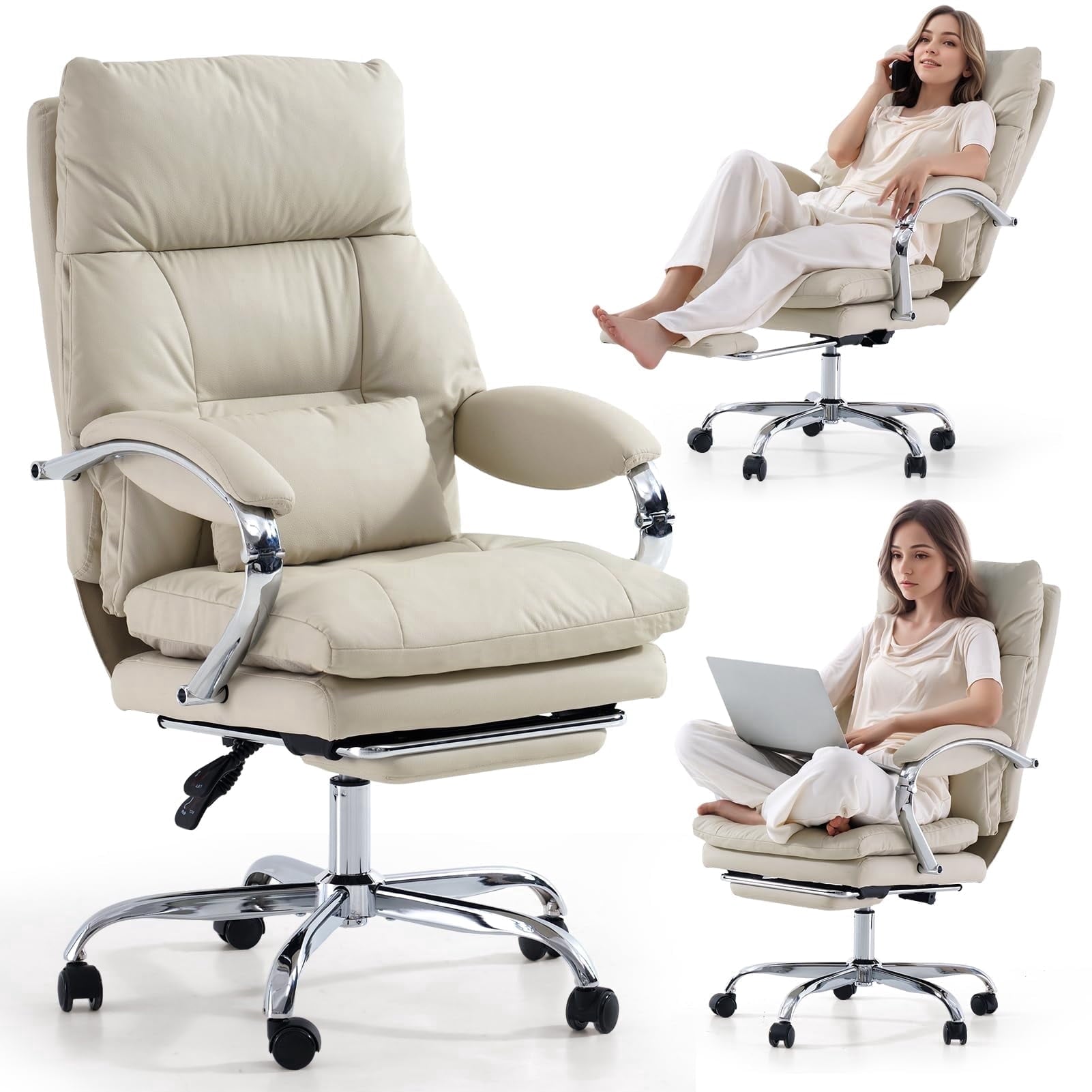 LEAGOO Reclining Office Chair with Foot Rest, Executive Office Chairs with Arms, Ergonomic High Back PU Leather Comfy Swivel Computer Desk Chairs with Wheels and Lumbar Support for Home Office, White