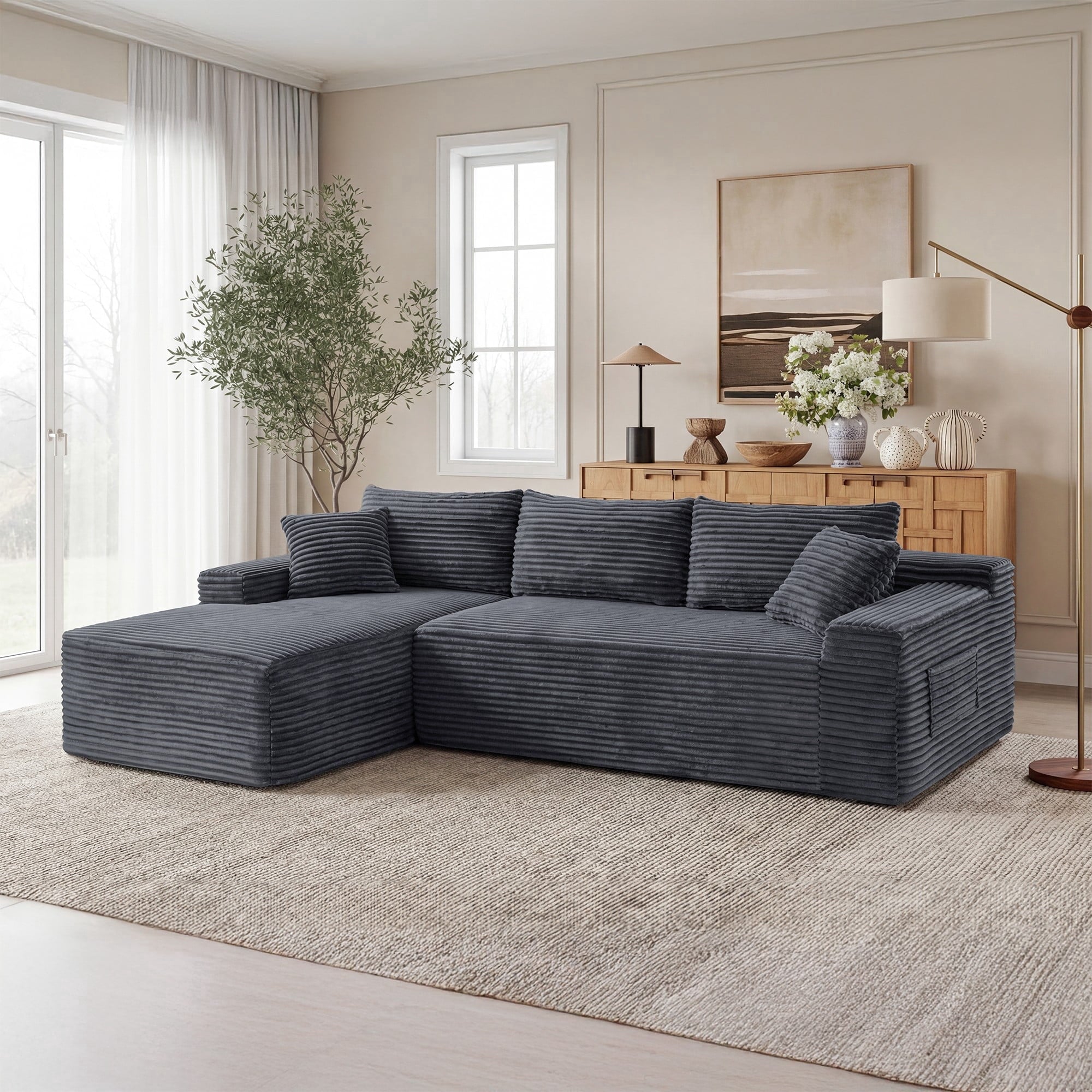 LLappuil 108 Sectional Sofa, Modular Sectional Couch with Left Chaise, Deep Seat Corduroy Cloud Sofa for Living Room Black