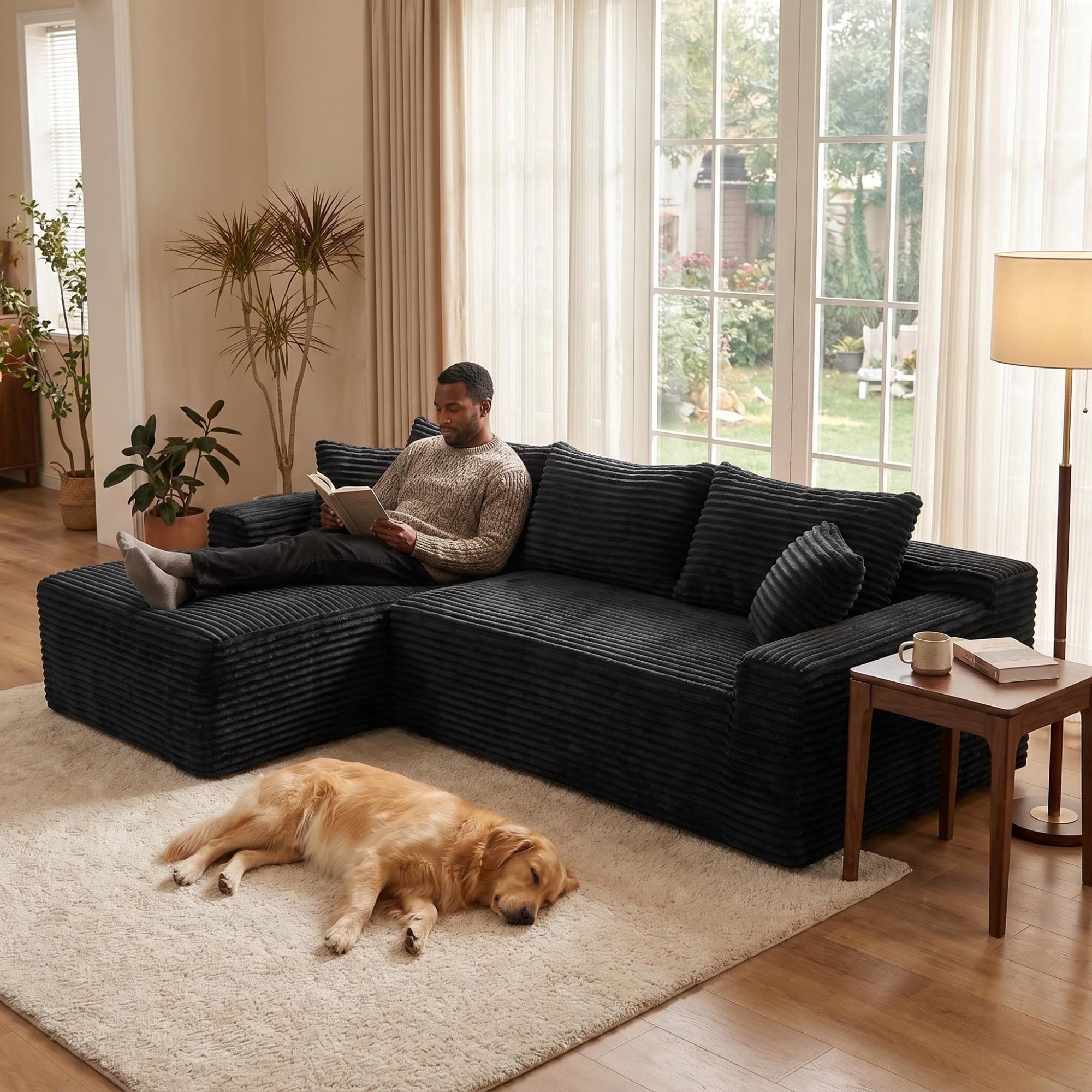 LLappuil 108 Sectional Sofa, Modular Sectional Couch with Left Chaise, Deep Seat Corduroy Cloud Sofa for Living Room Black