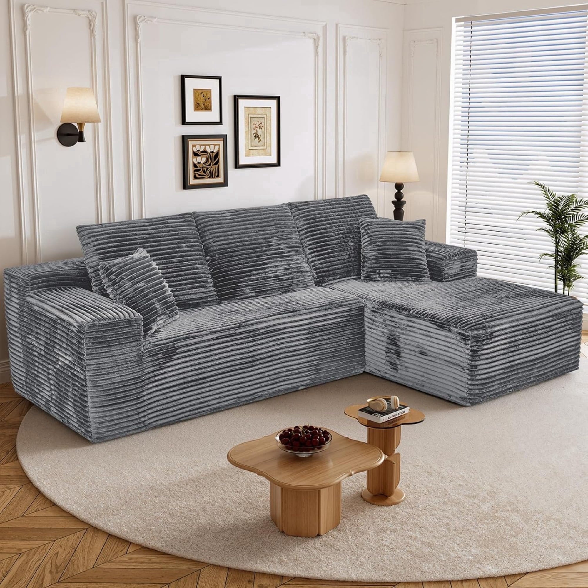 LLappuil 108 Sectional Sofa, Modular Sectional Couch with Left Chaise, Deep Seat Corduroy Cloud Sofa for Living Room Black