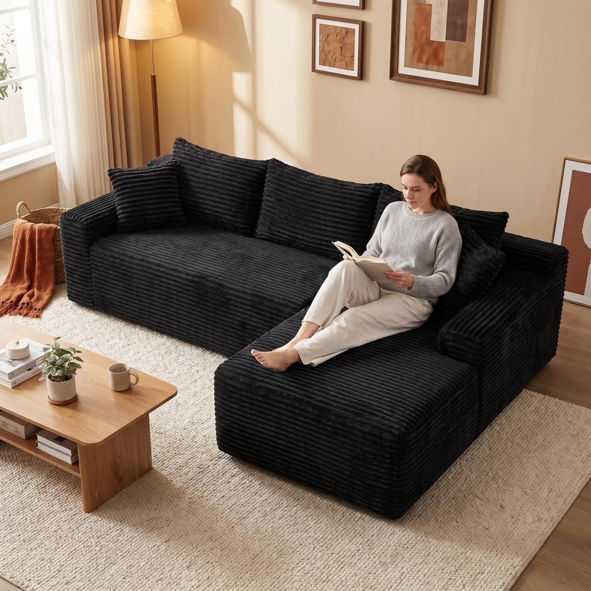LLappuil 108 Sectional Sofa, Modular Sectional Couch with Left Chaise, Deep Seat Corduroy Cloud Sofa for Living Room Black