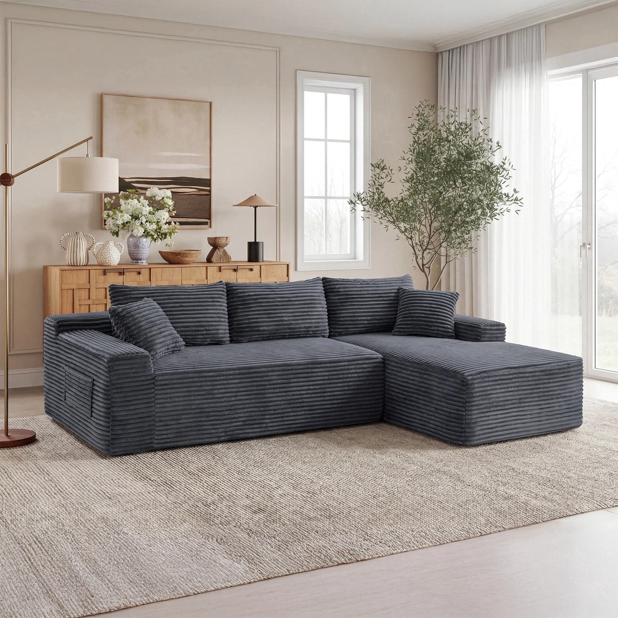 LLappuil 108 Sectional Sofa, Modular Sectional Couch with Left Chaise, Deep Seat Corduroy Cloud Sofa for Living Room Black