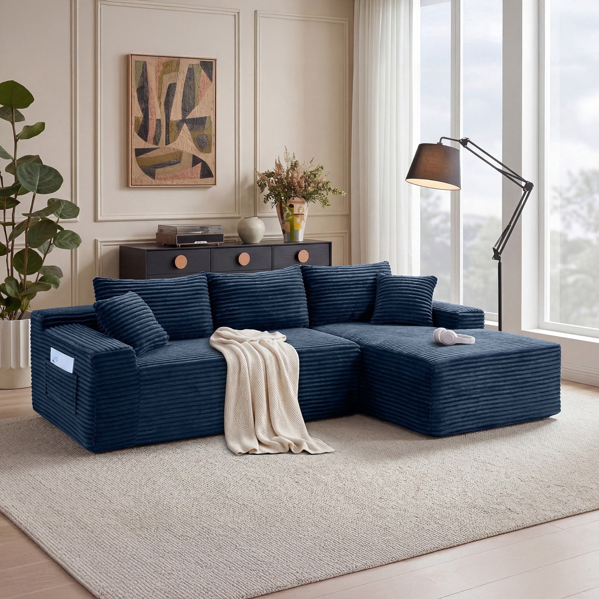 LLappuil 108 Sectional Sofa, Modular Sectional Couch with Left Chaise, Deep Seat Corduroy Cloud Sofa for Living Room Black