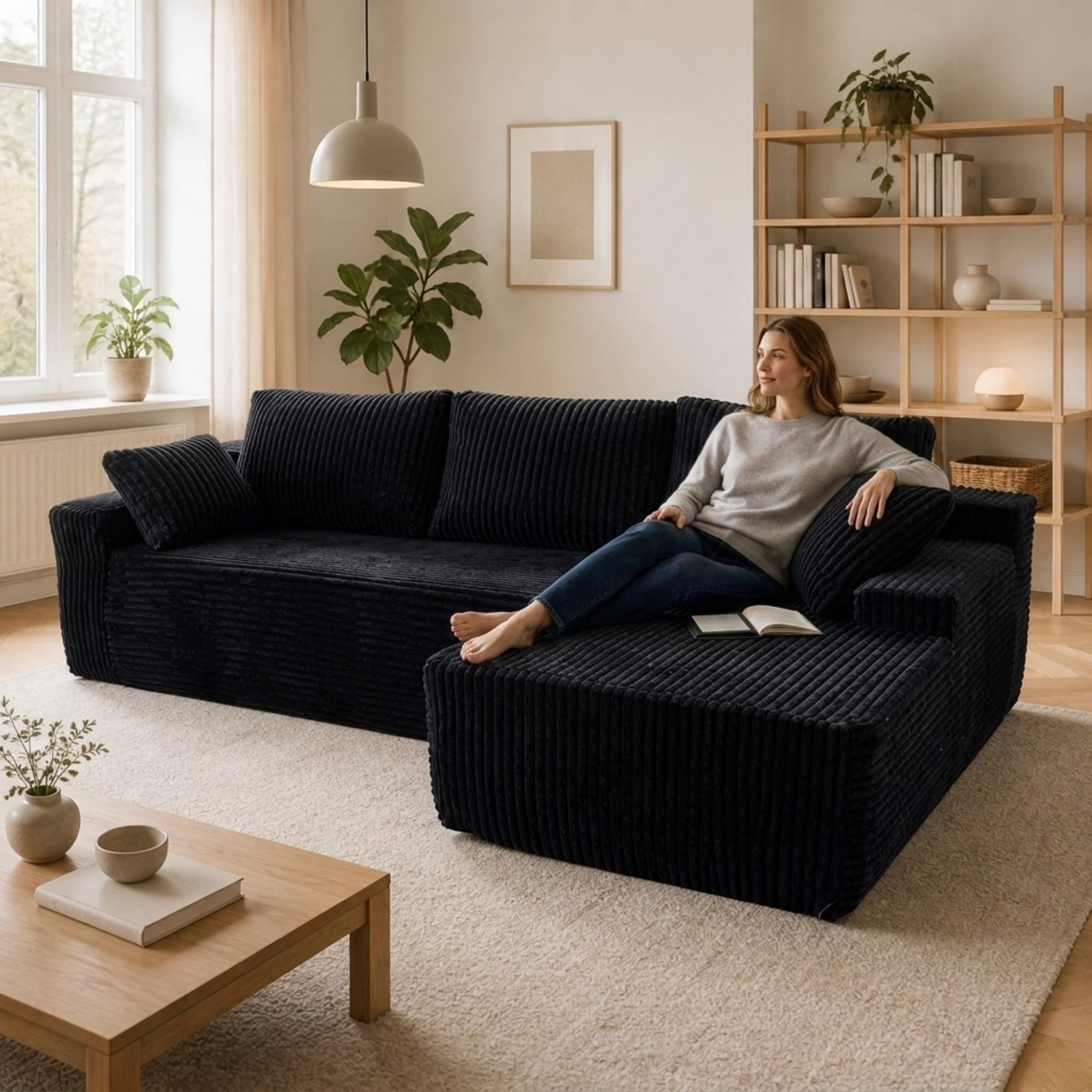 LLappuil 108 Sectional Sofa, Modular Sectional Couch with Left Chaise, Deep Seat Corduroy Cloud Sofa for Living Room Black