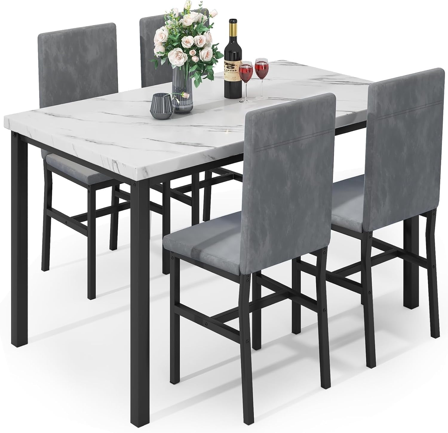 Cvortll 5 Piece Dining Table Set, Kitchen Table and Chairs Set for 4 with Faux Marble and 4 Velvet Upholstered Dining Chairs for Home, Restaurant, Black & Black