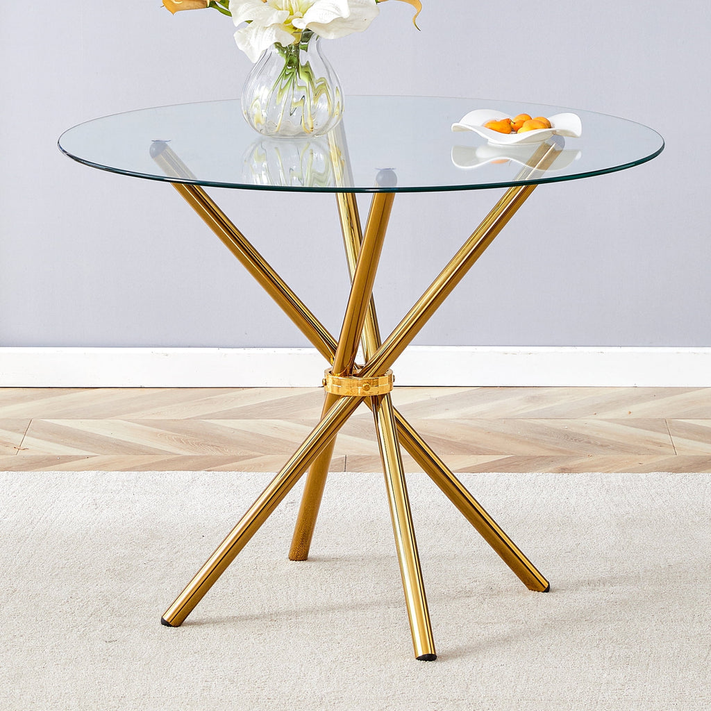 LUFTUT 36.6 Round Glass Dining Table, Modern Gold Base Kitchen Table, Small Space Bistro Table, Clear Tempered Glass Top for Apartmen