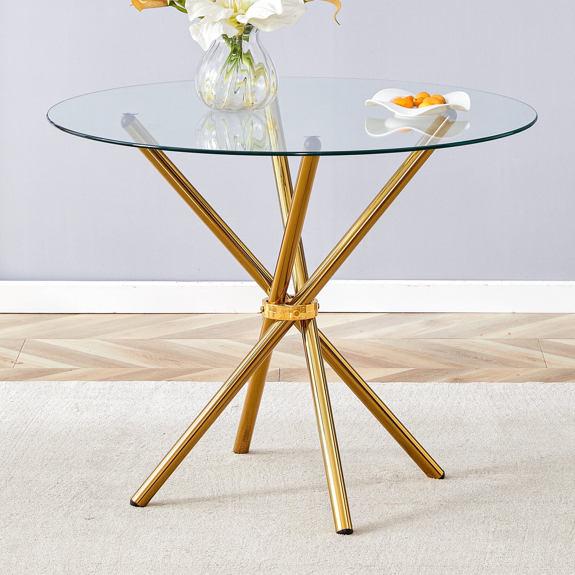 LUFTUT 36.6 Round Glass Dining Table, Modern Gold Base Kitchen Table, Small Space Bistro Table, Clear Tempered Glass Top for Apartmen