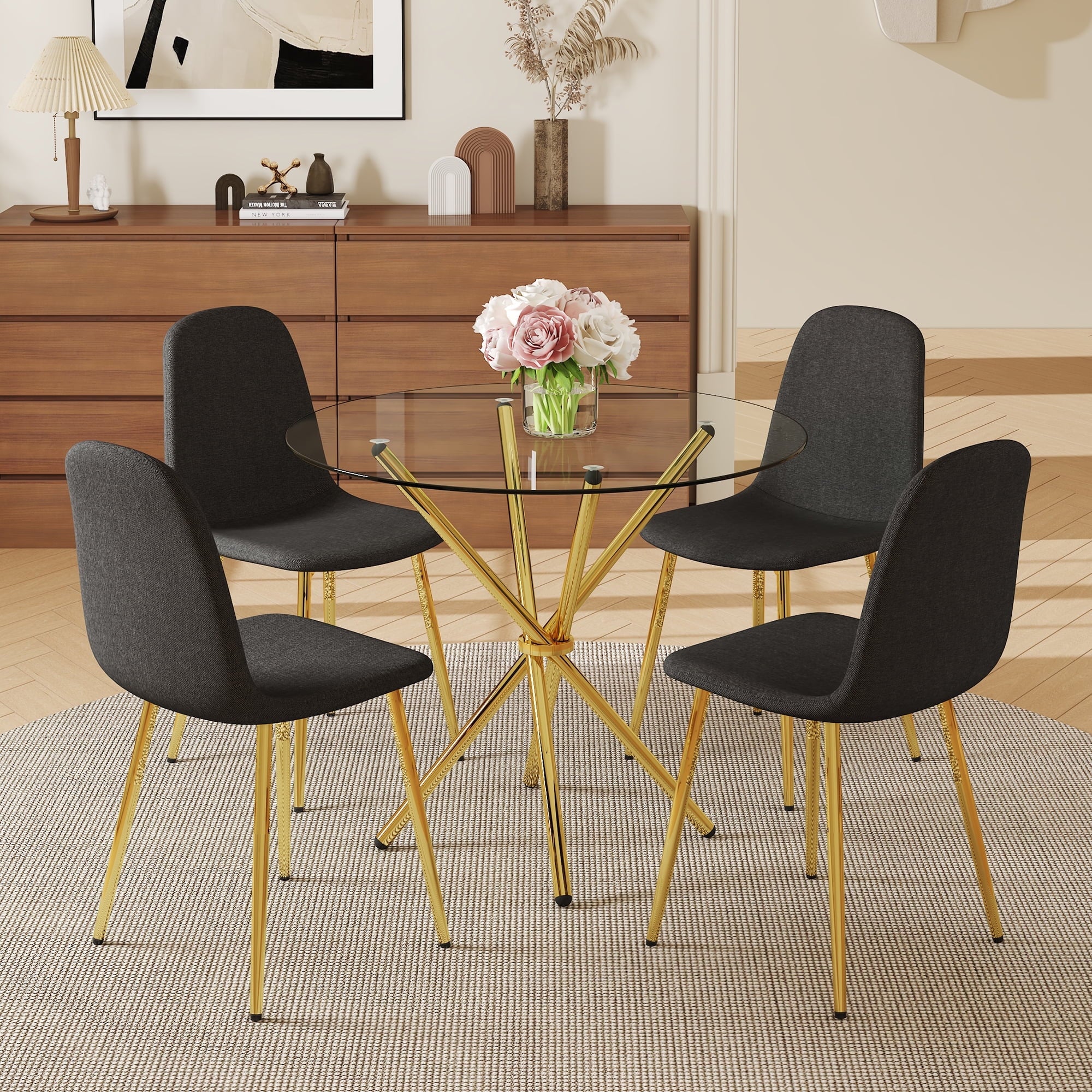 LUFTUT 36.6 Round Glass Dining Table, Modern Gold Base Kitchen Table, Small Space Bistro Table, Clear Tempered Glass Top for Apartmen