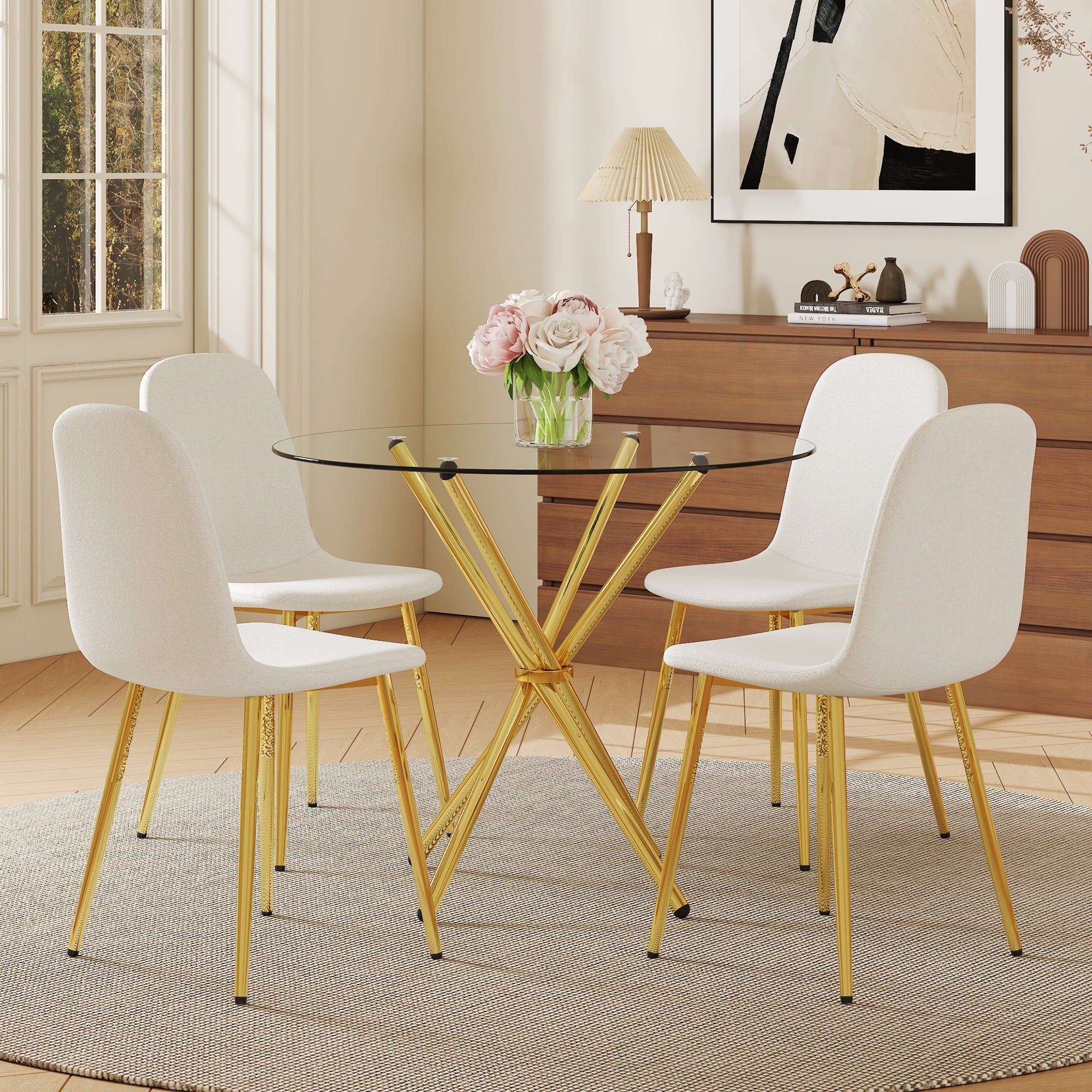LUFTUT 36.6 Round Glass Dining Table, Modern Gold Base Kitchen Table, Small Space Bistro Table, Clear Tempered Glass Top for Apartmen