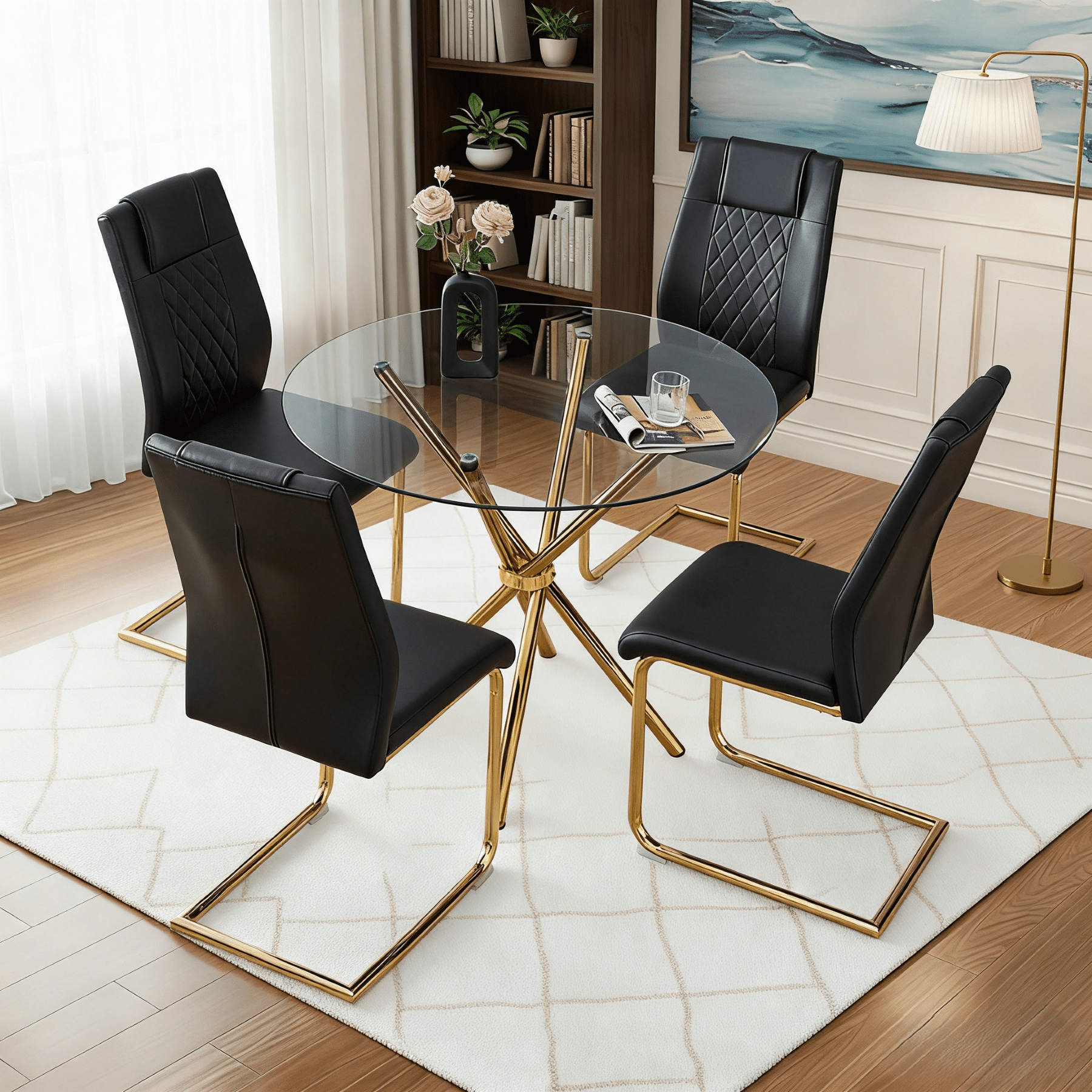 LUFTUT 36.6 Round Glass Dining Table, Modern Gold Base Kitchen Table, Small Space Bistro Table, Clear Tempered Glass Top for Apartmen