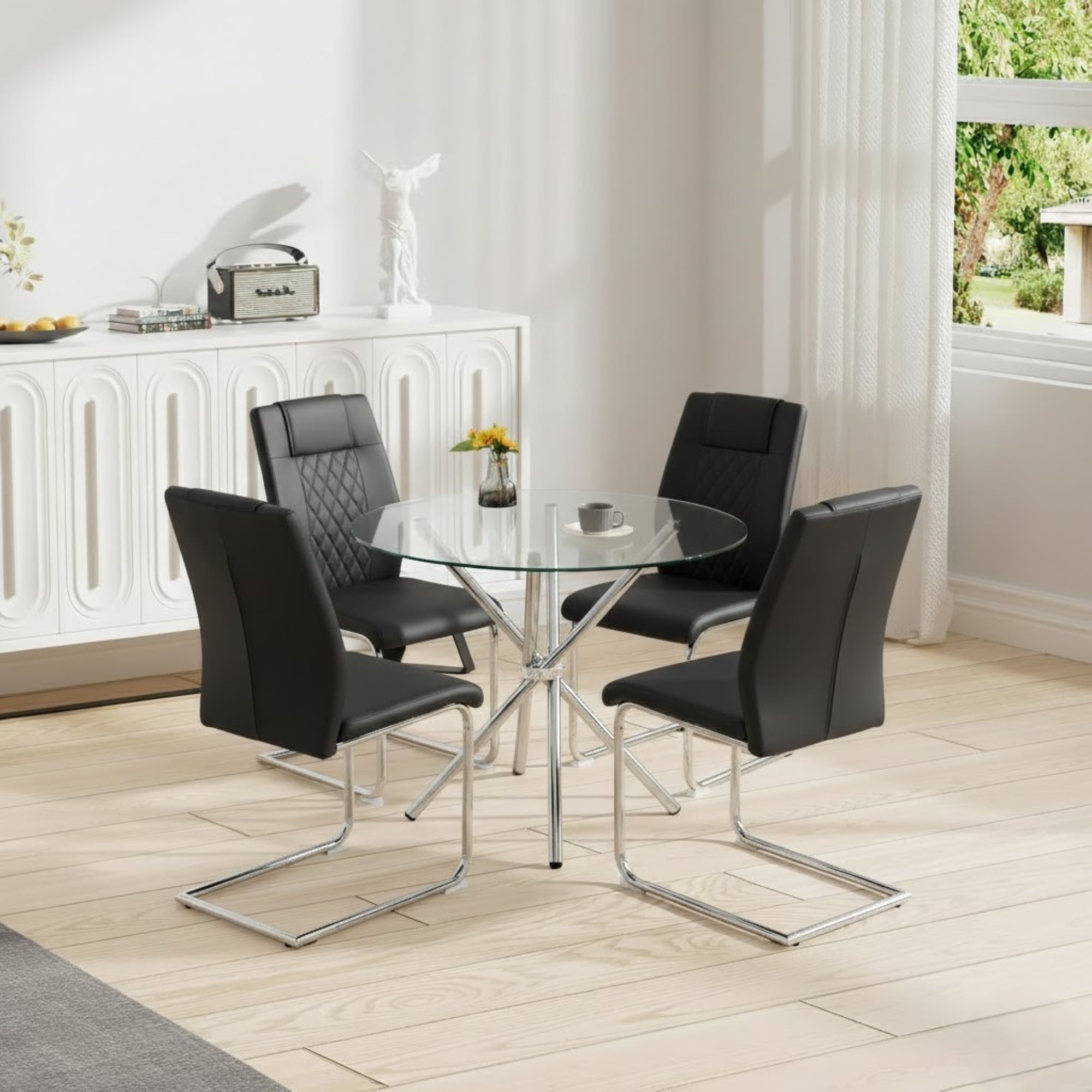 LUFTUT 36.6 Round Glass Dining Table, Modern Gold Base Kitchen Table, Small Space Bistro Table, Clear Tempered Glass Top for Apartmen