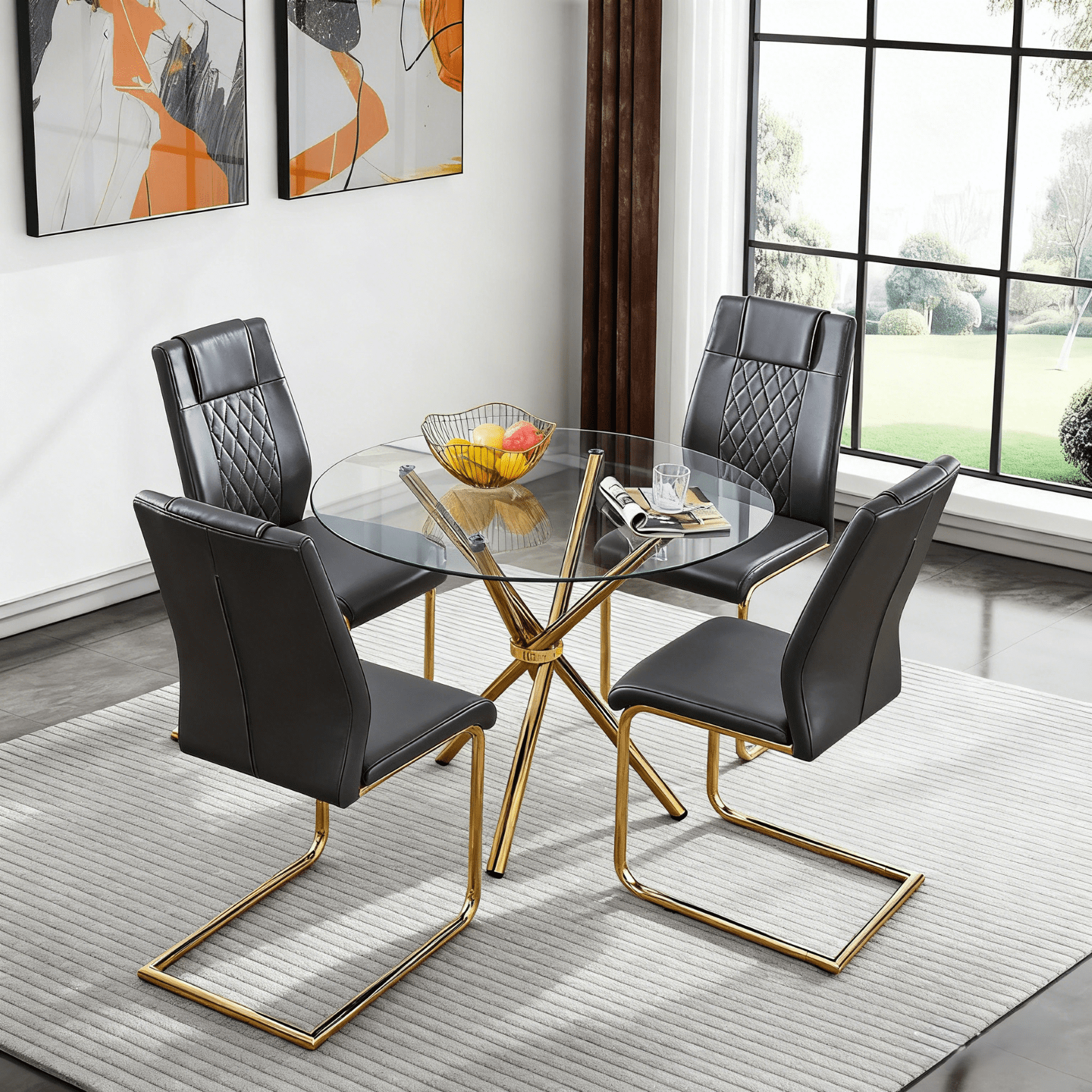 LUFTUT 36.6 Round Glass Dining Table, Modern Gold Base Kitchen Table, Small Space Bistro Table, Clear Tempered Glass Top for Apartmen
