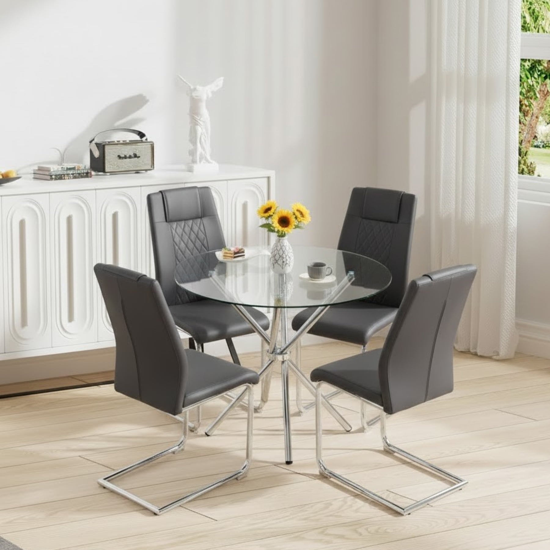 LUFTUT 36.6 Round Glass Dining Table, Modern Gold Base Kitchen Table, Small Space Bistro Table, Clear Tempered Glass Top for Apartmen