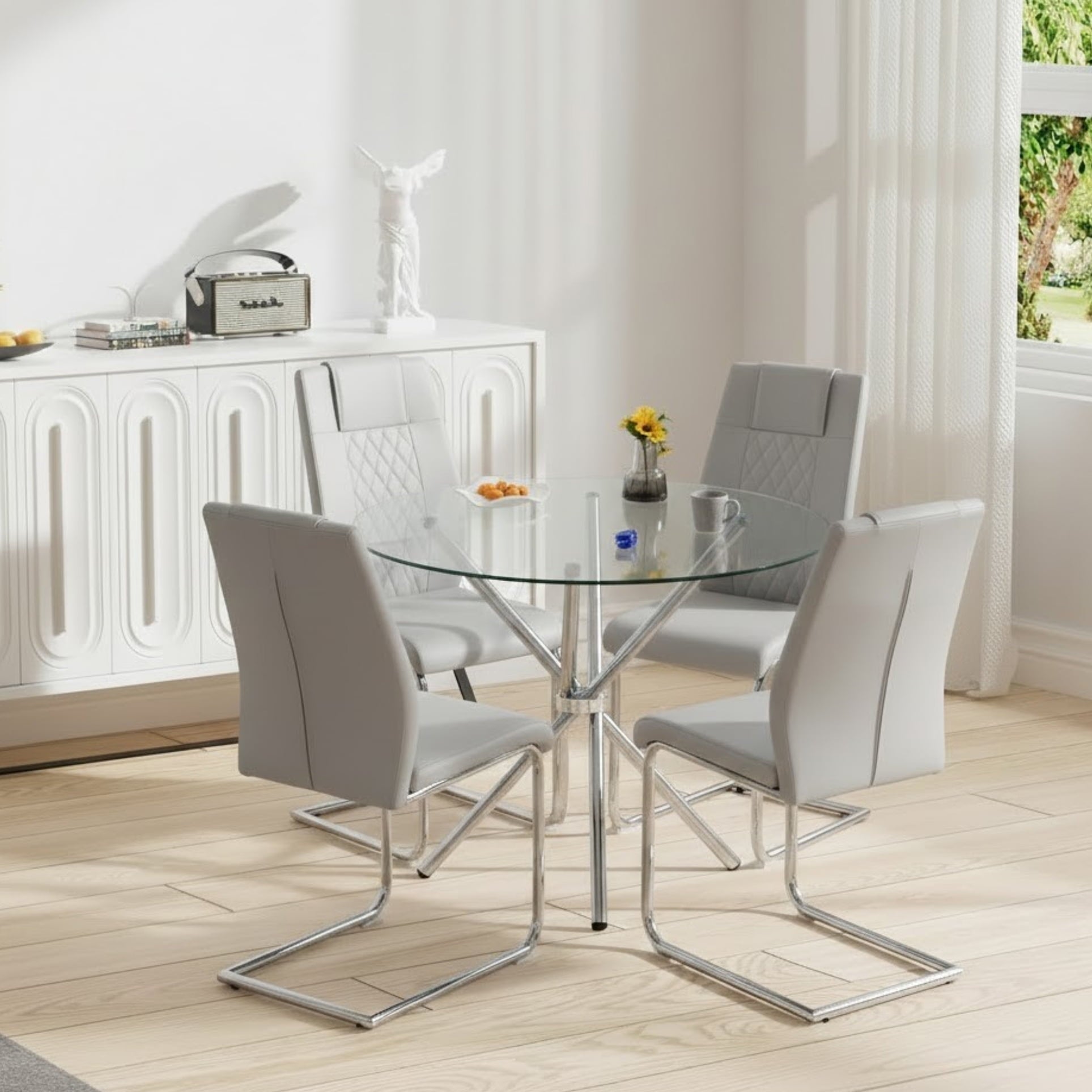 LUFTUT 36.6 Round Glass Dining Table, Modern Gold Base Kitchen Table, Small Space Bistro Table, Clear Tempered Glass Top for Apartmen