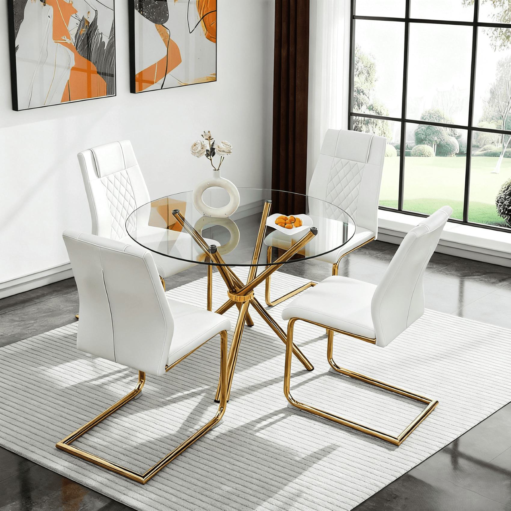 LUFTUT 36.6 Round Glass Dining Table, Modern Gold Base Kitchen Table, Small Space Bistro Table, Clear Tempered Glass Top for Apartmen