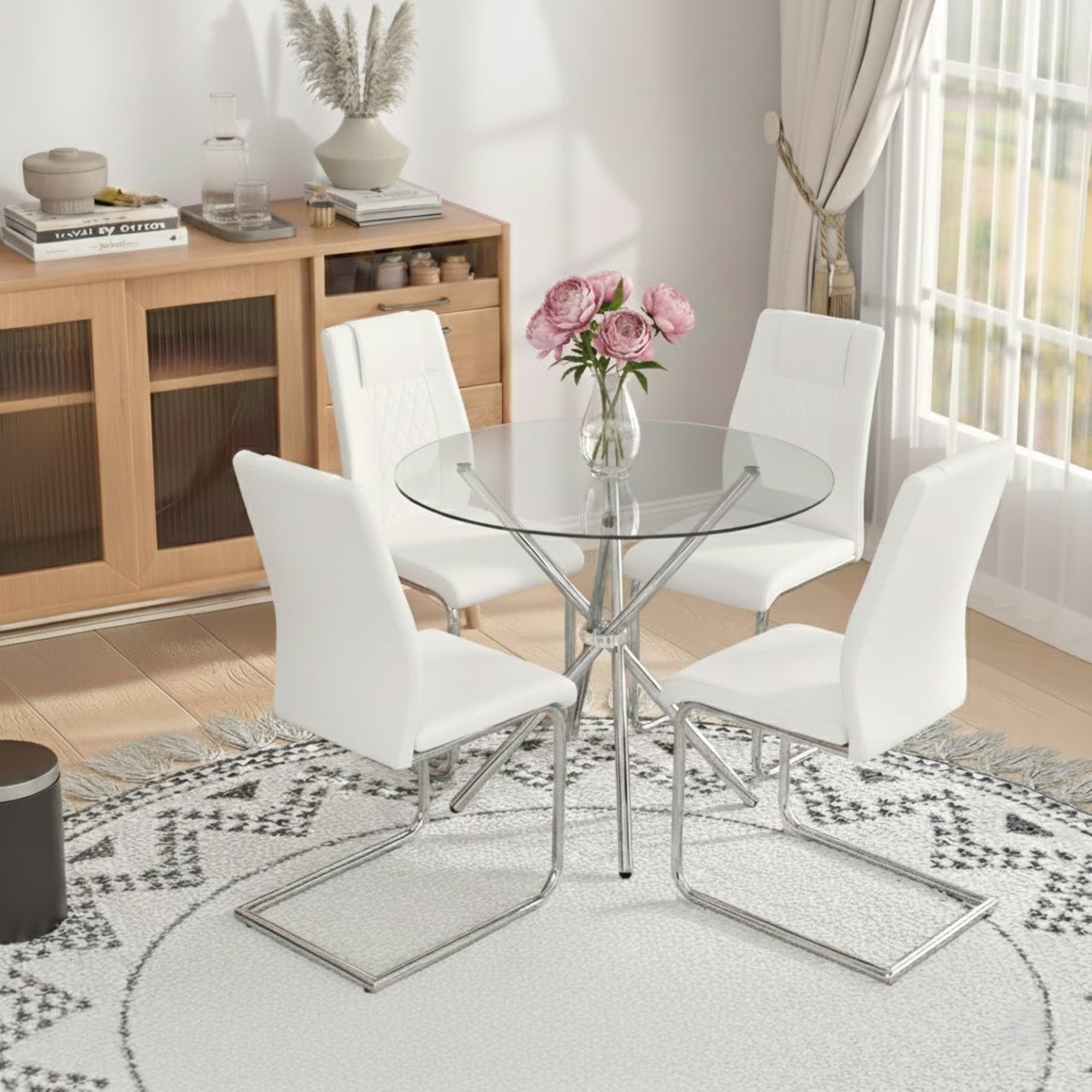 LUFTUT 36.6 Round Glass Dining Table, Modern Gold Base Kitchen Table, Small Space Bistro Table, Clear Tempered Glass Top for Apartmen