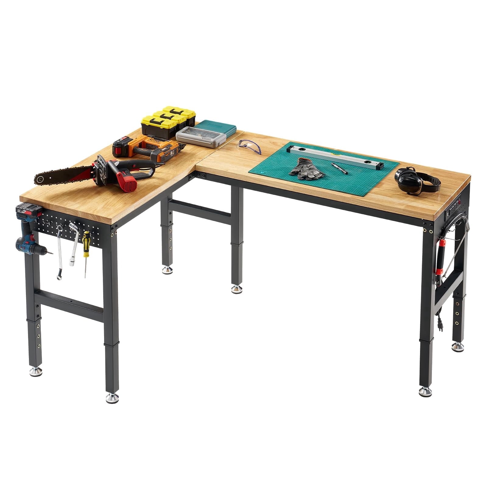LUXOAK 68x48 L-Shaped Workbench with Power Strip, Adjustable Height Heavy Duty Work Table with Pegboard, 6000Lbs Load Capacity, for Garage