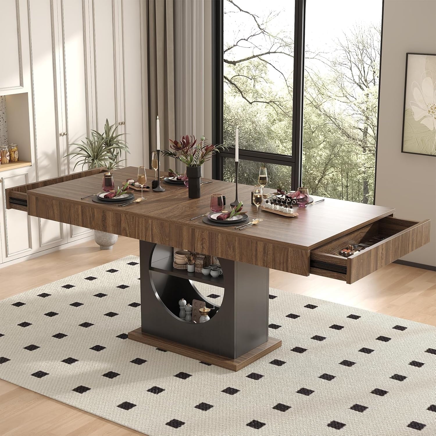HAUXITIO 55 Inch Dining Table with LED Lights & 2 Drawers,Wooden Pedestal Base Table for 4-6 People,for Kitchen & Dining Room,White& Rustic Brown