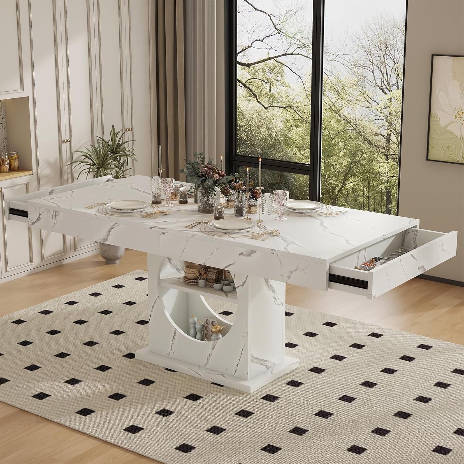 HAUXITIO 55 Inch Dining Table with LED Lights & 2 Drawers,Wooden Pedestal Base Table for 4-6 People,for Kitchen & Dining Room,White& Rustic Brown