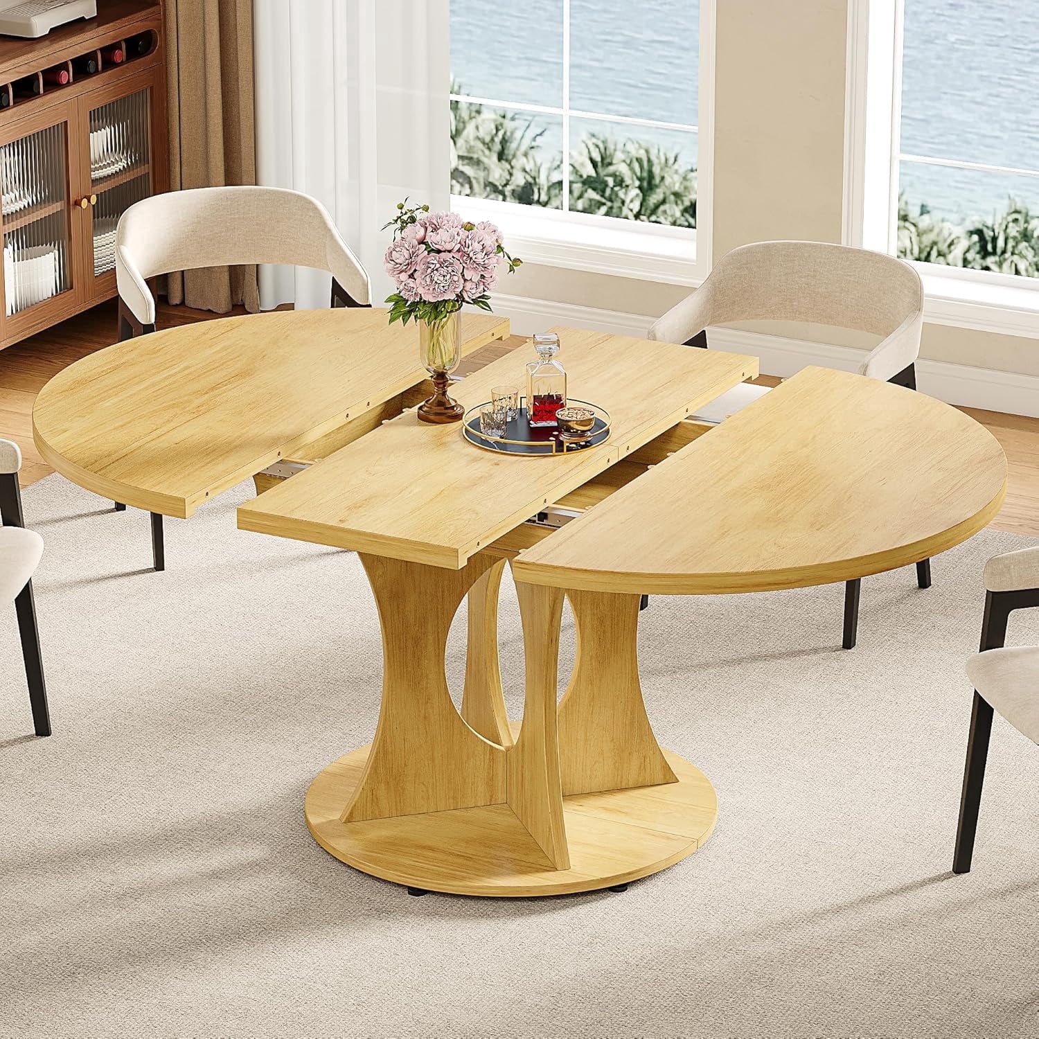 Laisnet 59 Extendable Wooden Dining Table for 8, Modern Kitchen Table with Hidden Storage, Black