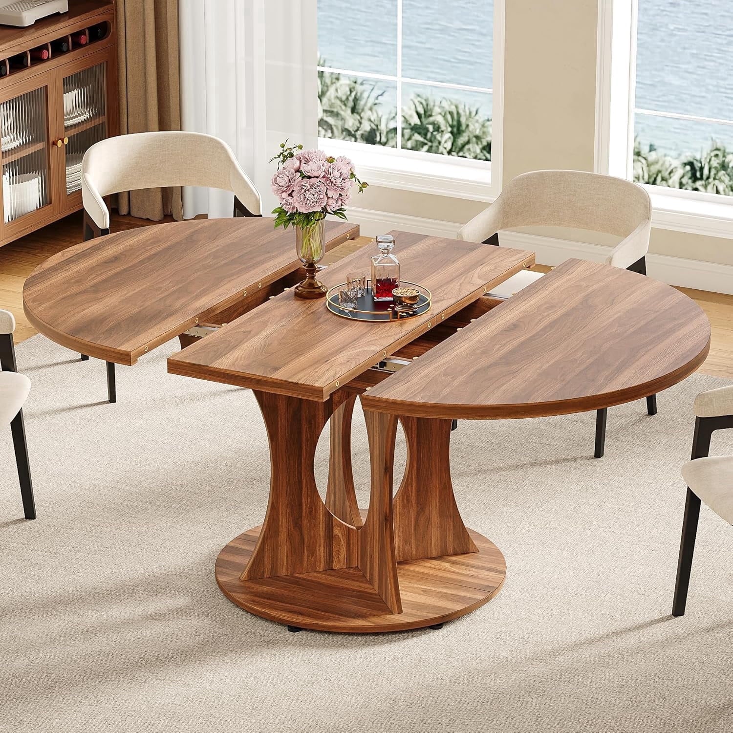Laisnet 59 Extendable Wooden Dining Table for 8, Modern Kitchen Table with Hidden Storage, Black