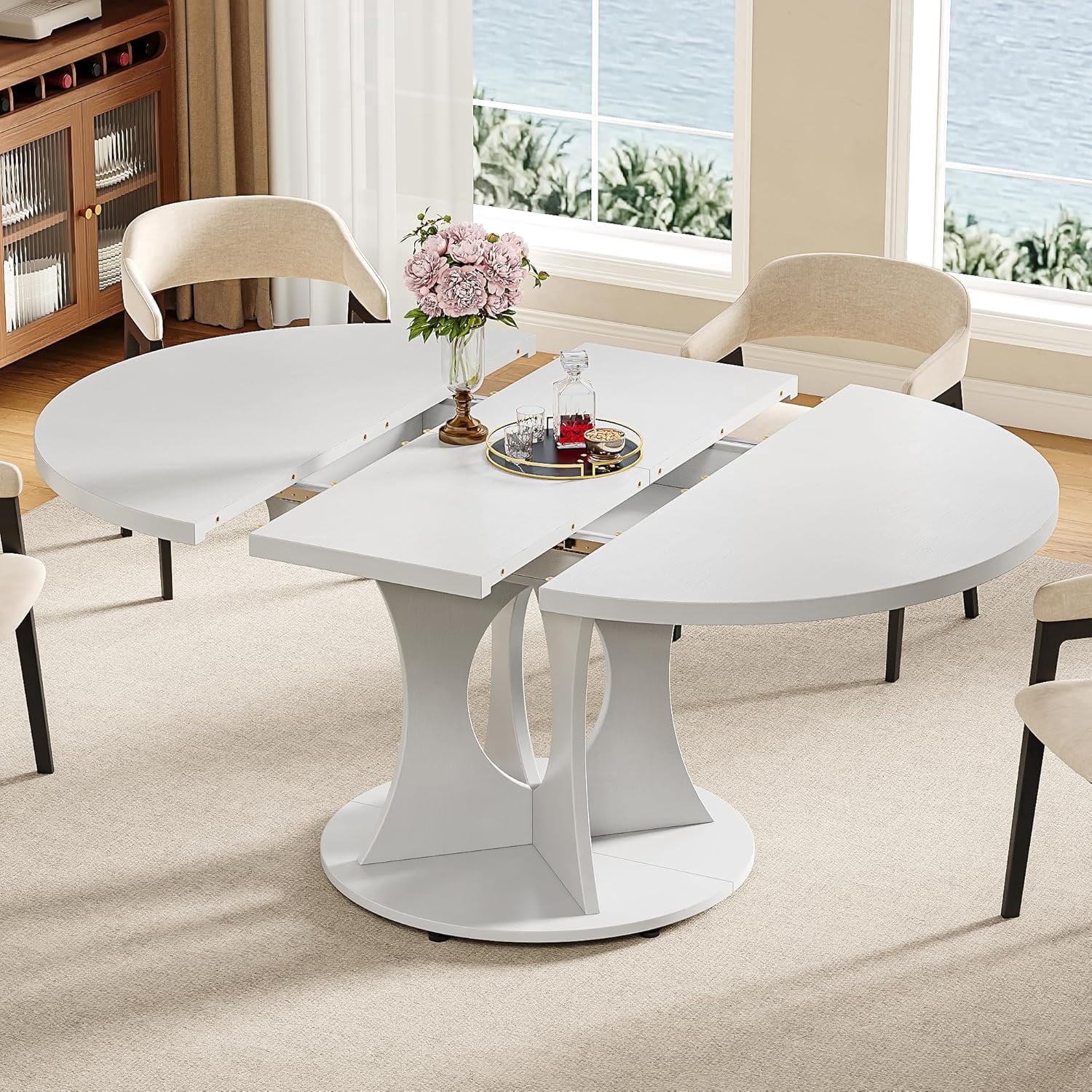 Laisnet 59 Extendable Wooden Dining Table for 8, Modern Kitchen Table with Hidden Storage, Black