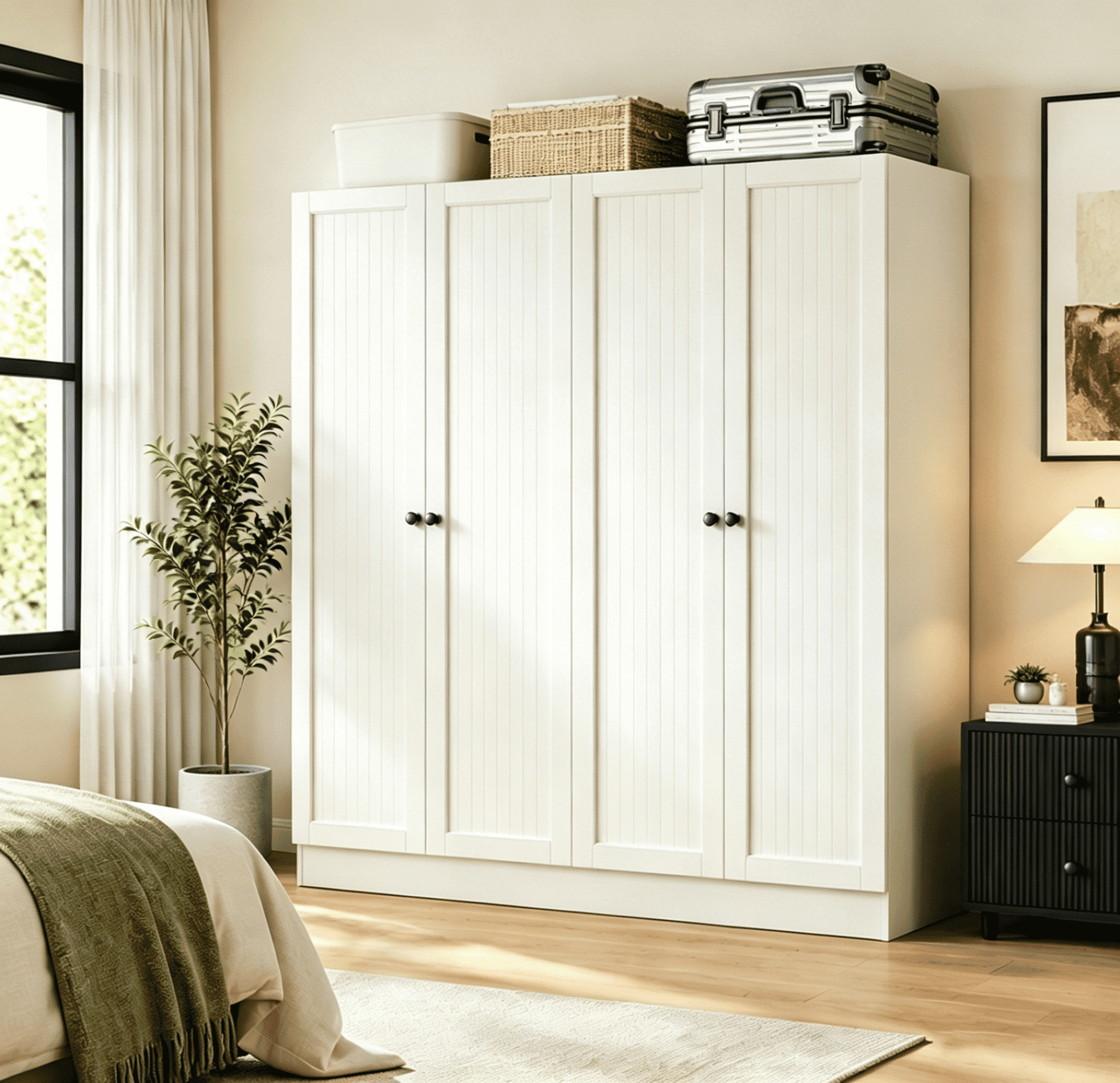 Laisnet 67H Armoire Wardrobe Closet with 4 Doors and 2 Drawers, Adjustable Shelves & Hanging Rods for Bedroom, White