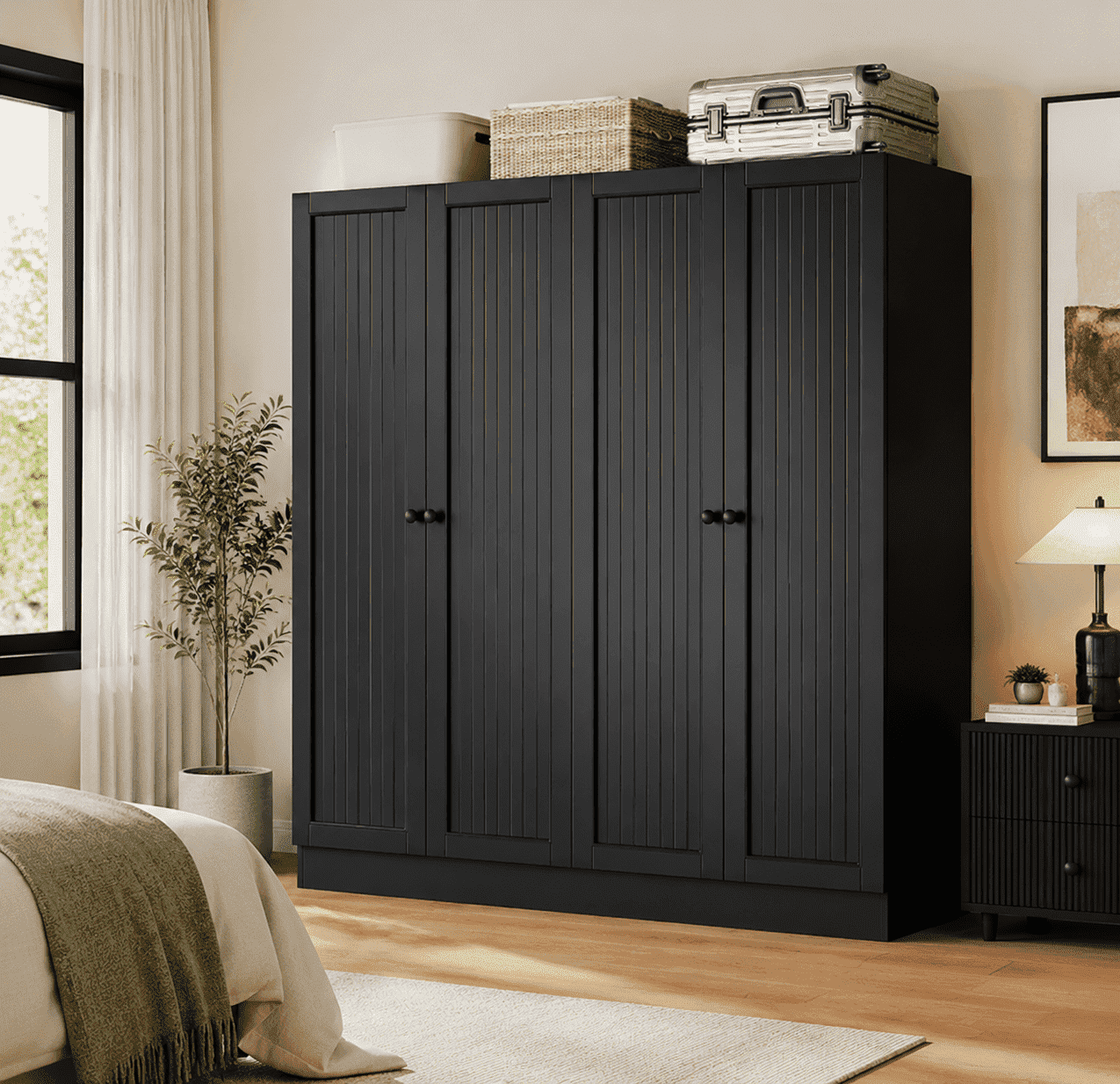 Laisnet 67H Armoire Wardrobe Closet with 4 Doors and 2 Drawers, Adjustable Shelves & Hanging Rods for Bedroom, White