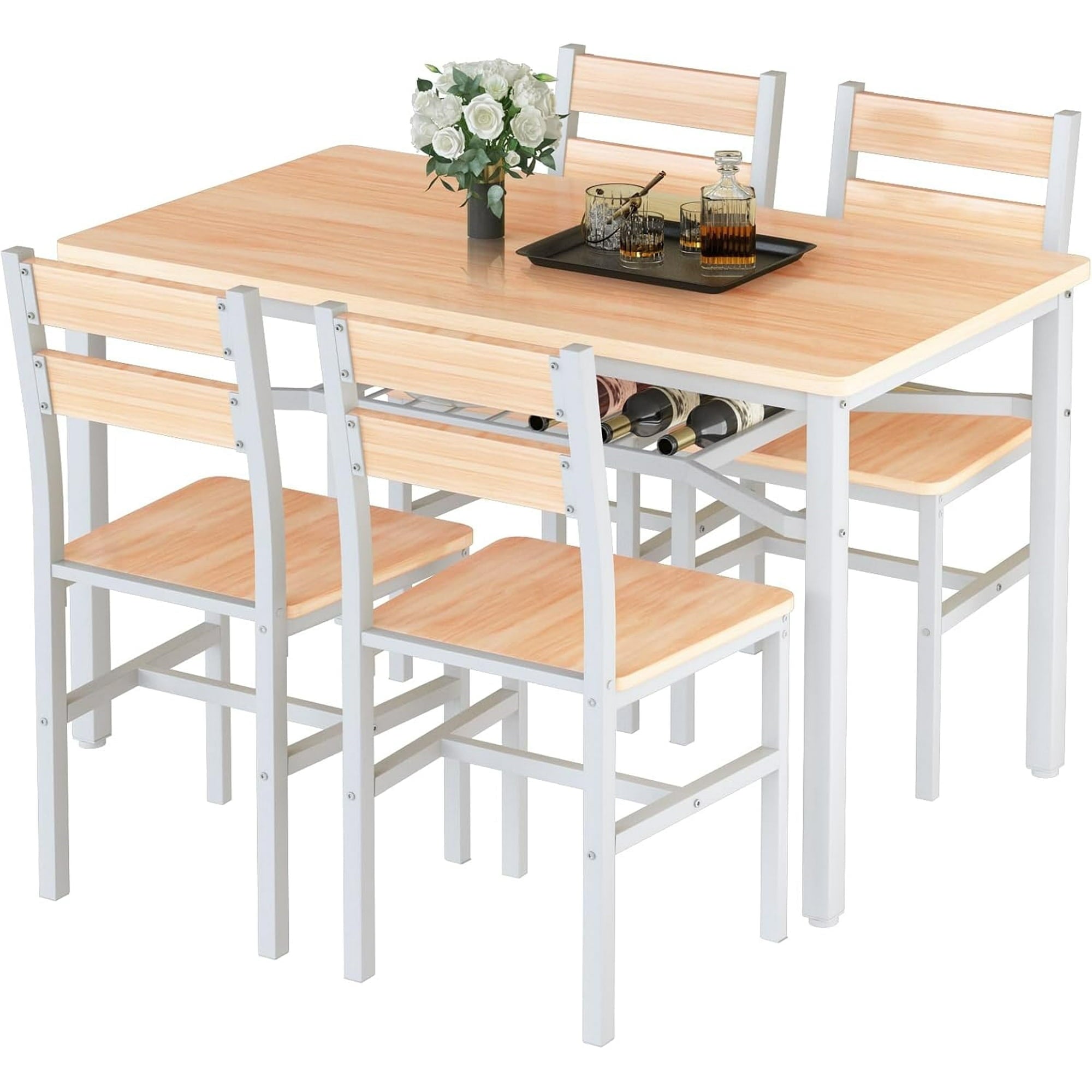 Lamerge 4 Person Dining Table Set, Wooden Dining Table 5 Piece Set with 4 Oak Metal Frame Chairs, Space Saving, Suitable for Apartments, Small Spaces, Kitchens, Breakfast Corners, Espresso Wood C