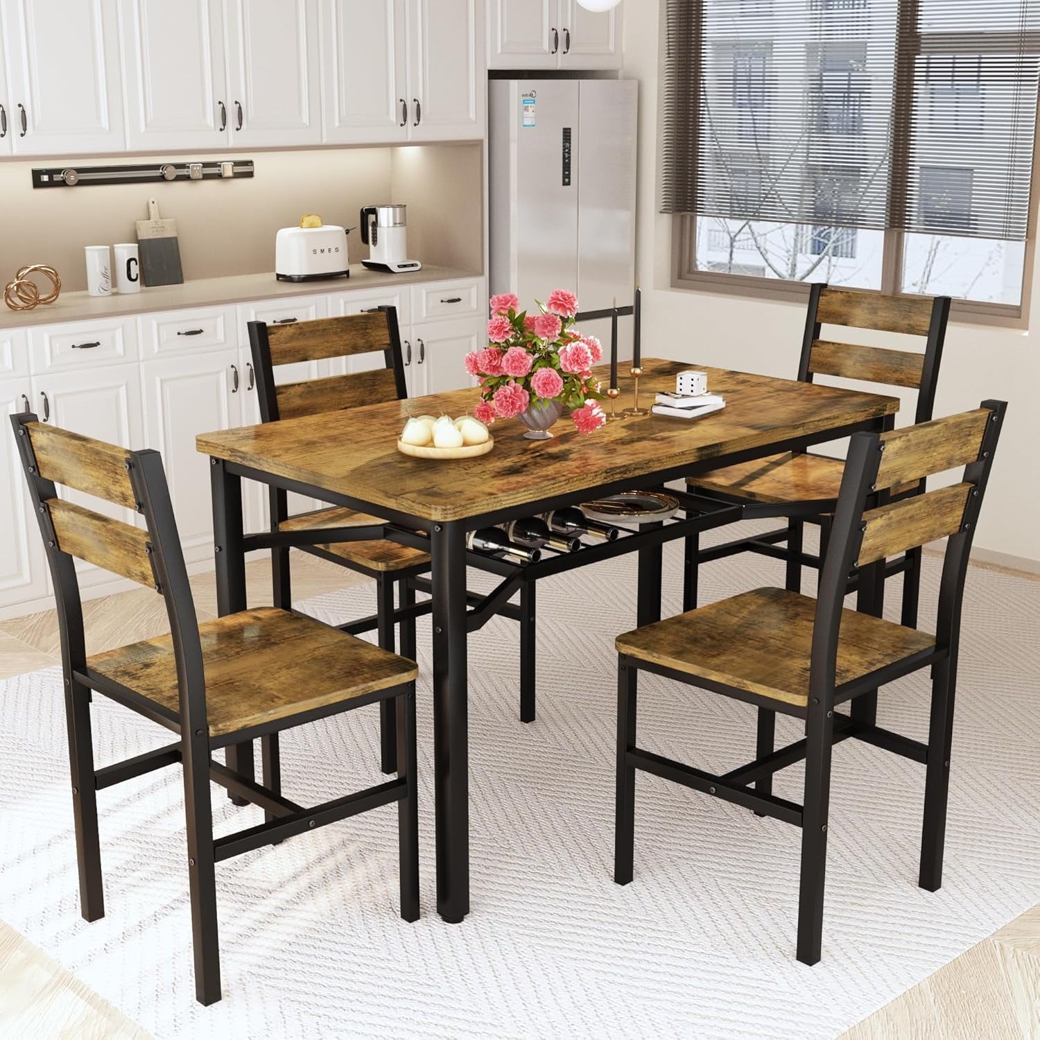 Lamerge 4 Person Dining Table Set, Wooden Dining Table 5 Piece Set with 4 Oak Metal Frame Chairs, Space Saving, Suitable for Apartments, Small Spaces, Kitchens, Breakfast Corners, Espresso Wood C