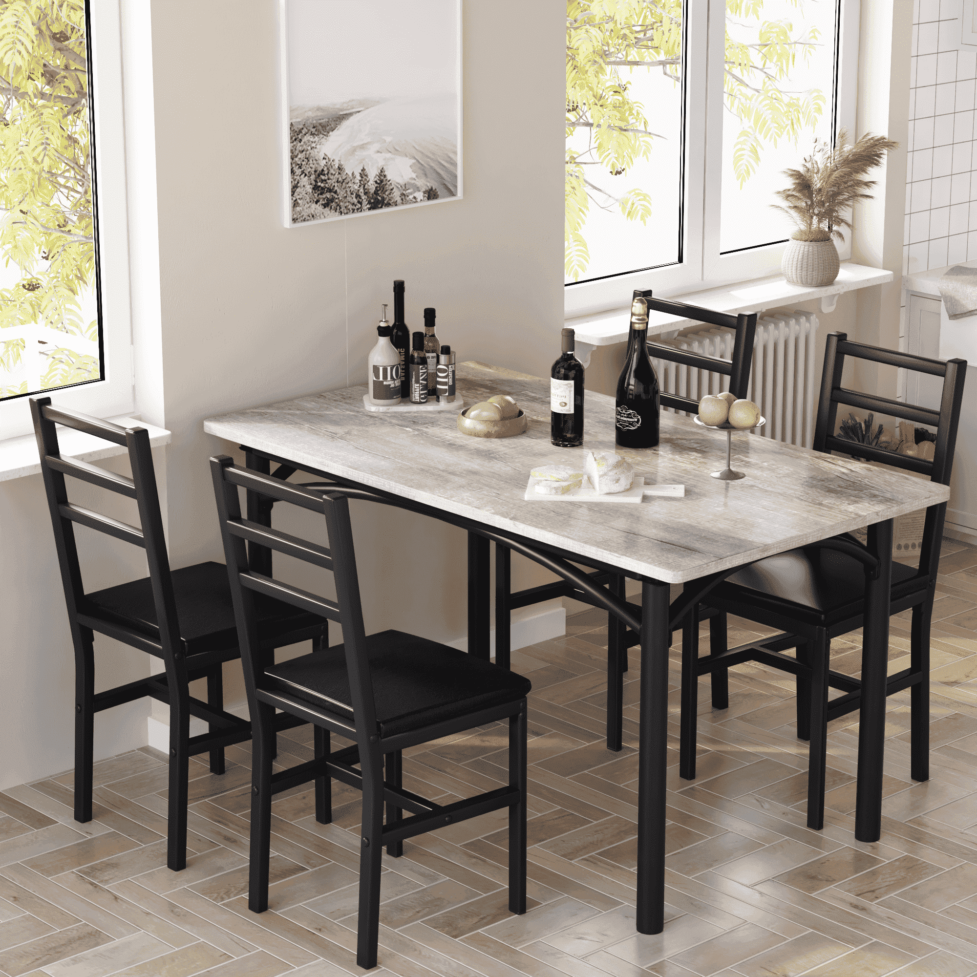 Lamerge 4 Person Dining Table Set, Wooden Dining Table 5 Piece Set with 4 Oak Metal Frame Chairs, Space Saving, Suitable for Apartments, Small Spaces, Kitchens, Breakfast Corners, Espresso Wood C