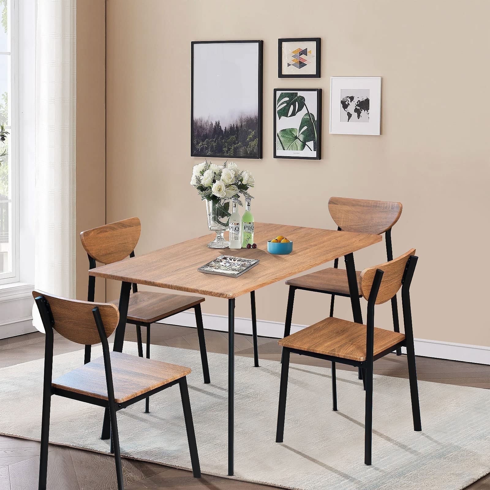 Lamerge 4 Person Dining Table Set, Wooden Dining Table 5 Piece Set with 4 Oak Metal Frame Chairs, Space Saving, Suitable for Apartments, Small Spaces, Kitchens, Breakfast Corners, Espresso Wood C