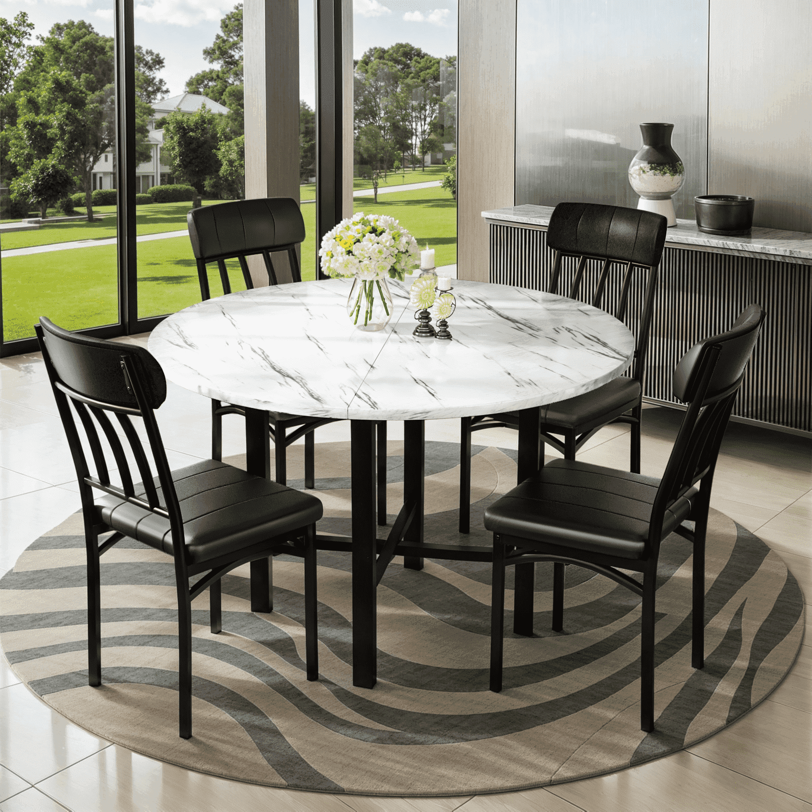 Lamerge Round Dining Table Set for 4,Wood Round Kitchen Table and Chairs Set for 4,Modern Dining Room Table Set with 4 Faux Leather Chairs,Round Dinner Table for Small Space,Brown